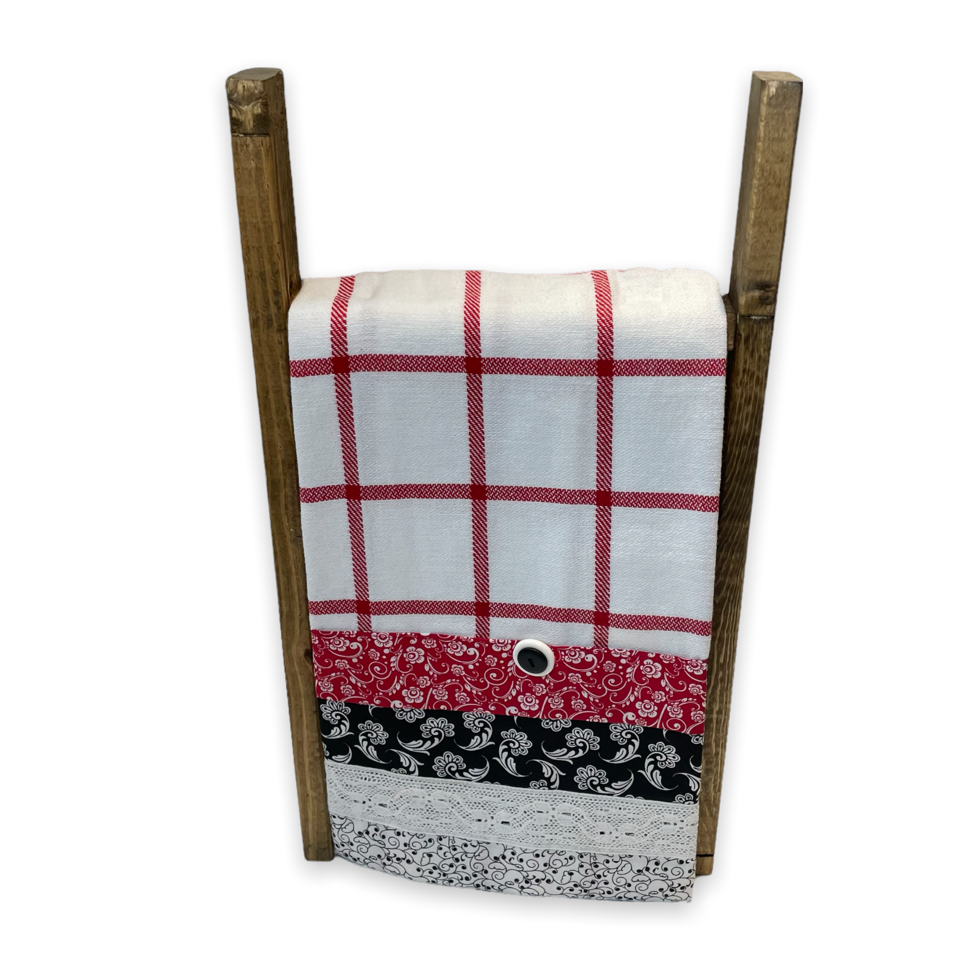 Red and white country style dish towel. Featuring red and white checked toweling; red white and black quilt cotton accents and white cotton lace trim and a double button embellishment.  Part of a mix and match collection of coordinated farmhouse fabulous decor. Browse the collections and be sure to check out the Home Stitchery Decor YouTube Channel.