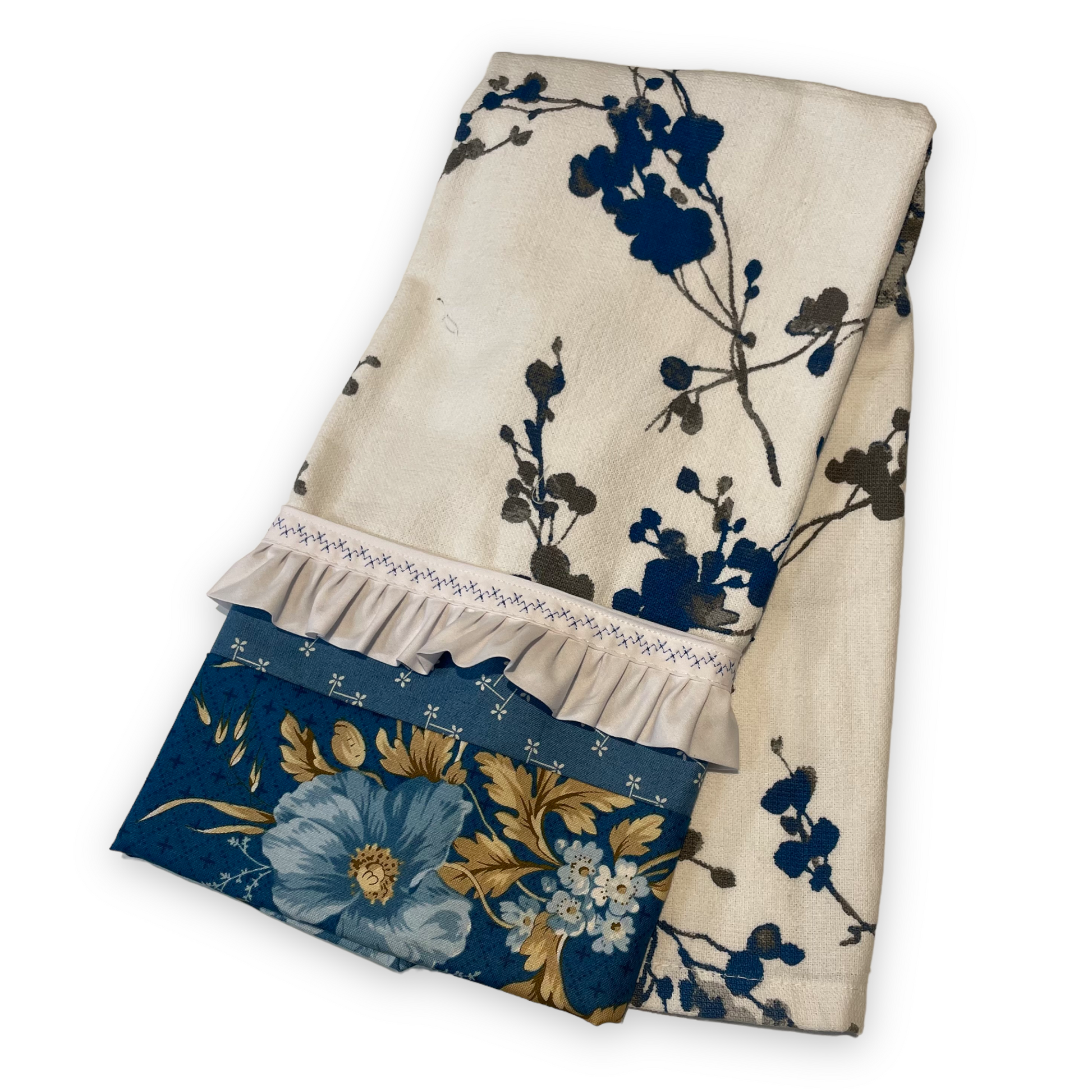Blue and White Handmade Modern Farmhouse Tea Towel. Part of a mix and match collection of coordinating farmhouse home decor. Check it out at Home Stitchery Decor and be sure to check out the Home Stitchery Decor YouTube Channel