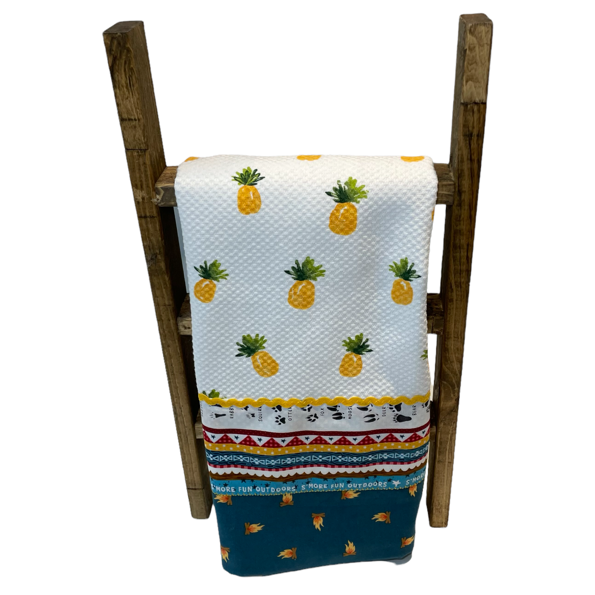 Pineapple Themed Camping Dish Towel.  Dress up your home away from home with coordinated glamping decor.  Cute Yellow and teal accented dish towel. Part of a mix and match collection.  Shop your favorites online or follow along on the Home Stitchery Decor YouTube Channel.