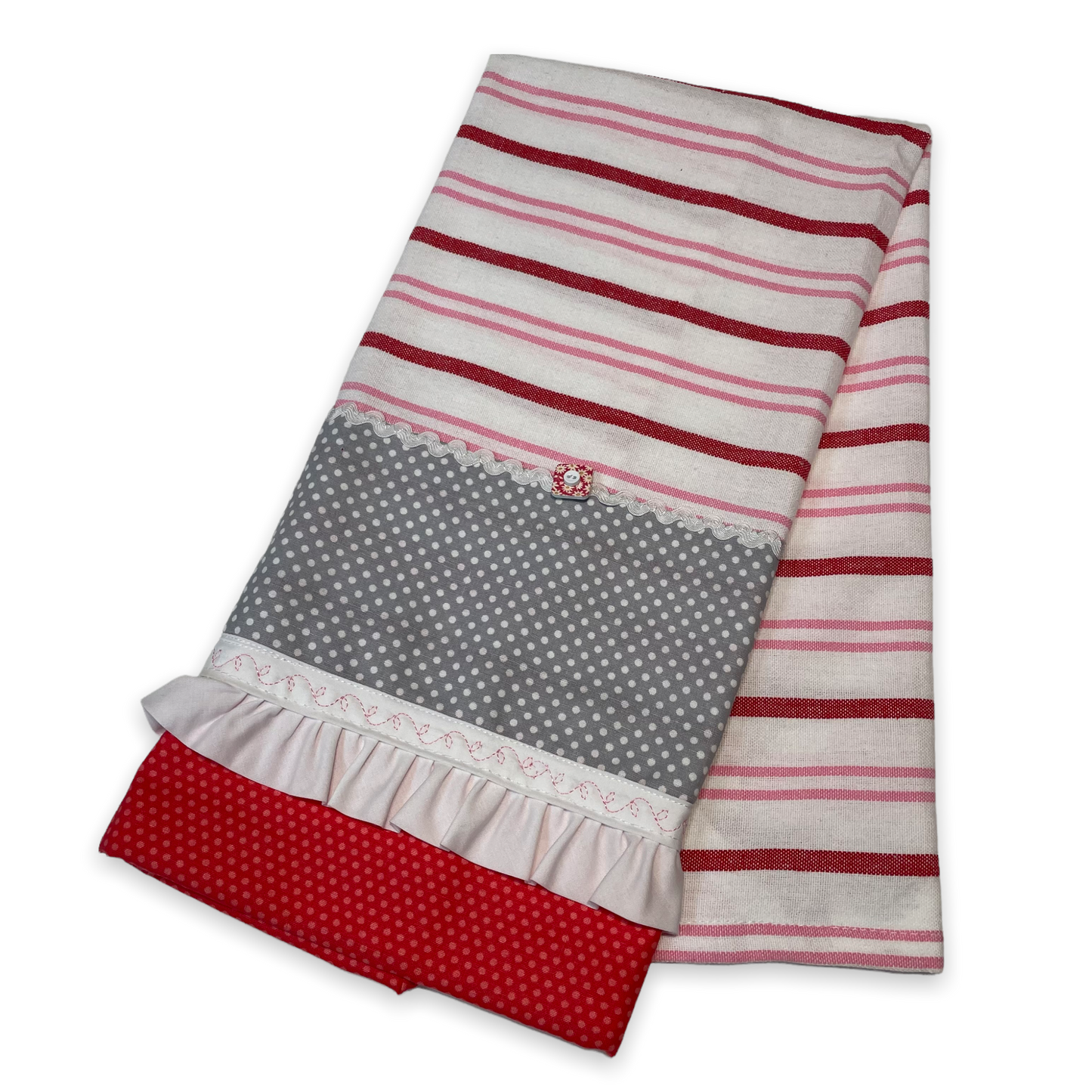 Fun Retro Pink Polka Dot Dish Towel. White, Pink, Red Toweling with polka dot quilting fabric, ric rac, frilled broadcloth and button embellishments. Topped off with some floral embroidery stitching. Part of a coordinated collection of farmhouse fabulous decor. Shop the entire collection. And be sure to follow along on the Home Stitchery Decor YouTube Channel where the farmhouse diy decor fun never stops!