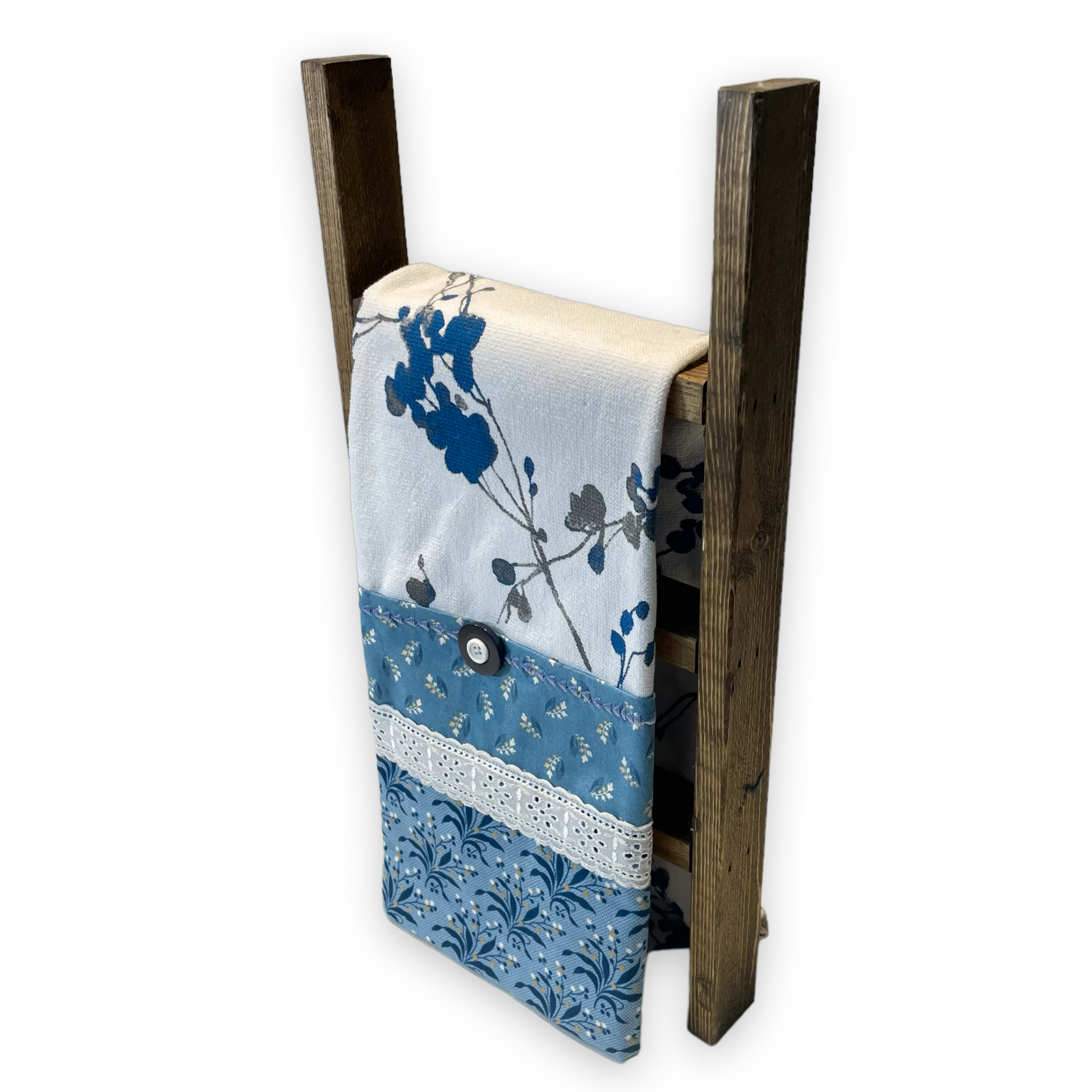 Blue and White Handmade Modern Farmhouse Tea Towel. Part of a mix and match collection of coordinating farmhouse home decor. Check it out at Home Stitchery Decor and be sure to check out the Home Stitchery Decor YouTube Channel