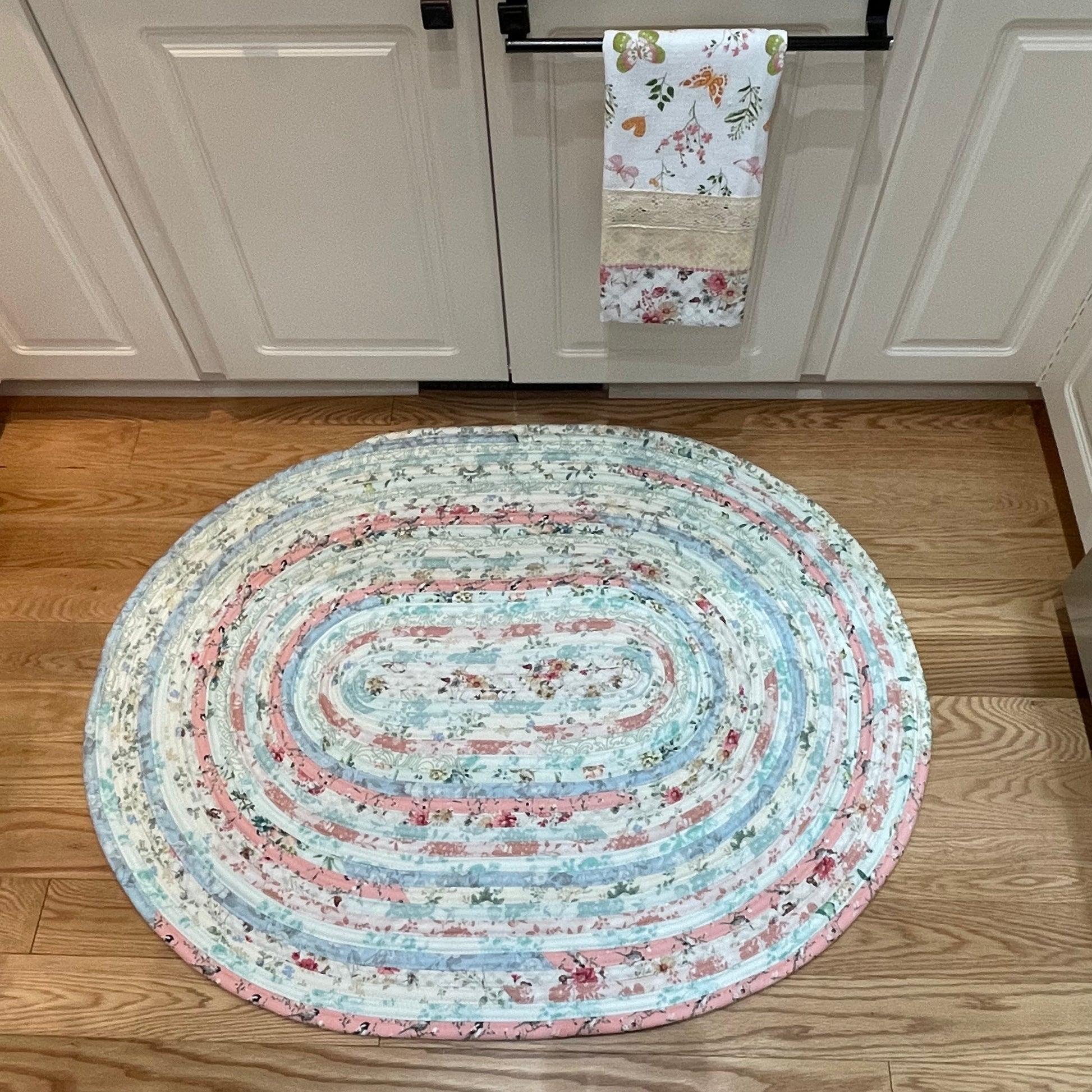 Pretty Pink and Green Pastel Rug | Handmade Washable Cotton Shabby Chic Accent Rug - Home Stitchery Decor