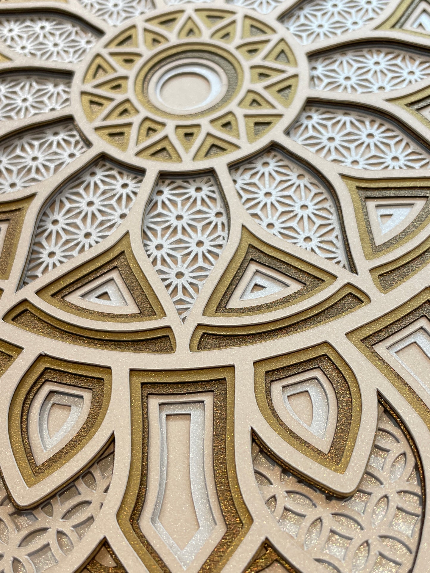 Close up image of 3d layered Mandala design instant download svg files by Home Stitchery Decor.  You can make this 3d Layered Mandala for Shadow boxes or separate the layers for all your Cricut Crafting needs.  Files can be sized up for CNC or Laser Cut Manadalas