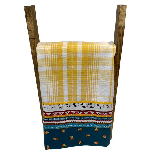 Yellow and Teal Glamping Tea Towel. Cute  camping themed mix and match decor. Shop the entire collection and follow along on the Home Stitchery Decor YouTube Channel.