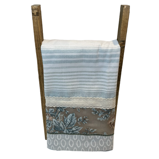 Farmhouse style dish towel.  Farmhemian decor made easy with mix and match collections by Home Stitchery Decor. Grey french floral towel with cream cotton lace trim and embroidery stitching. Shop the entire collection or follow along on the Home Stitchery Decor YouTube Channel.