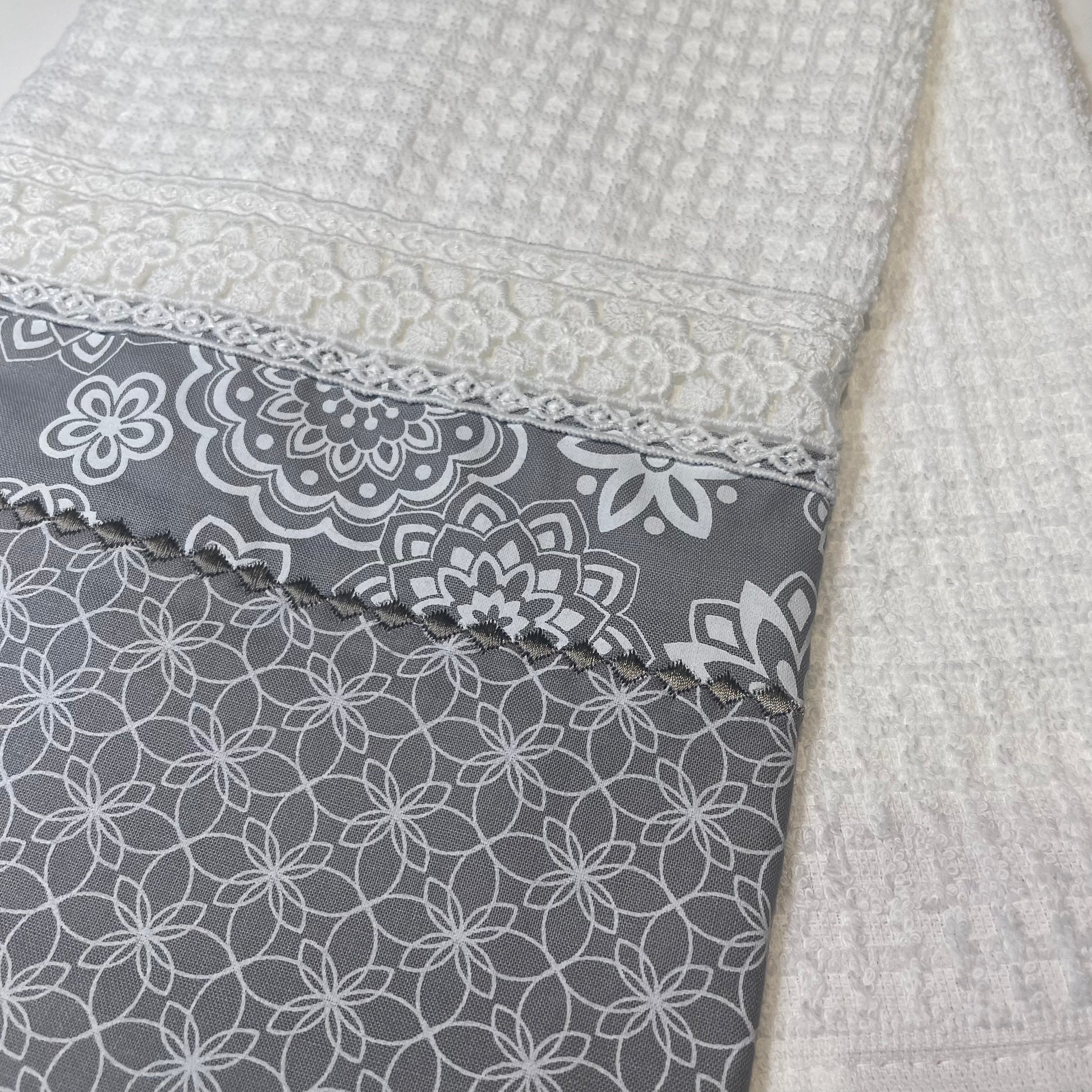 Grey Floral Modern Farmhouse Tea Towel. Decorative Dish Towel. - Home Stitchery Decor
