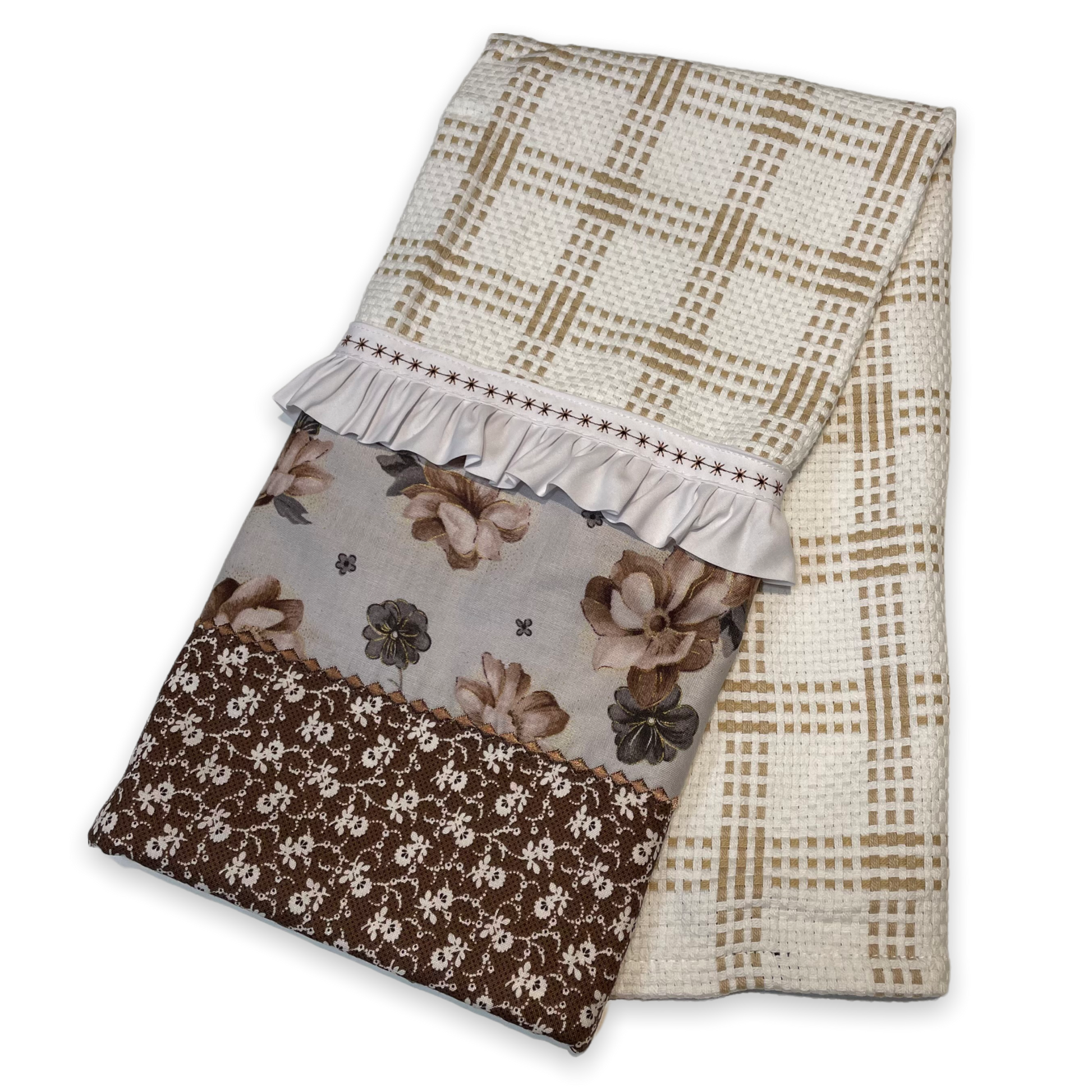 Brown and White Floral Farmhouse Tea Towel - Home Stitchery Decor