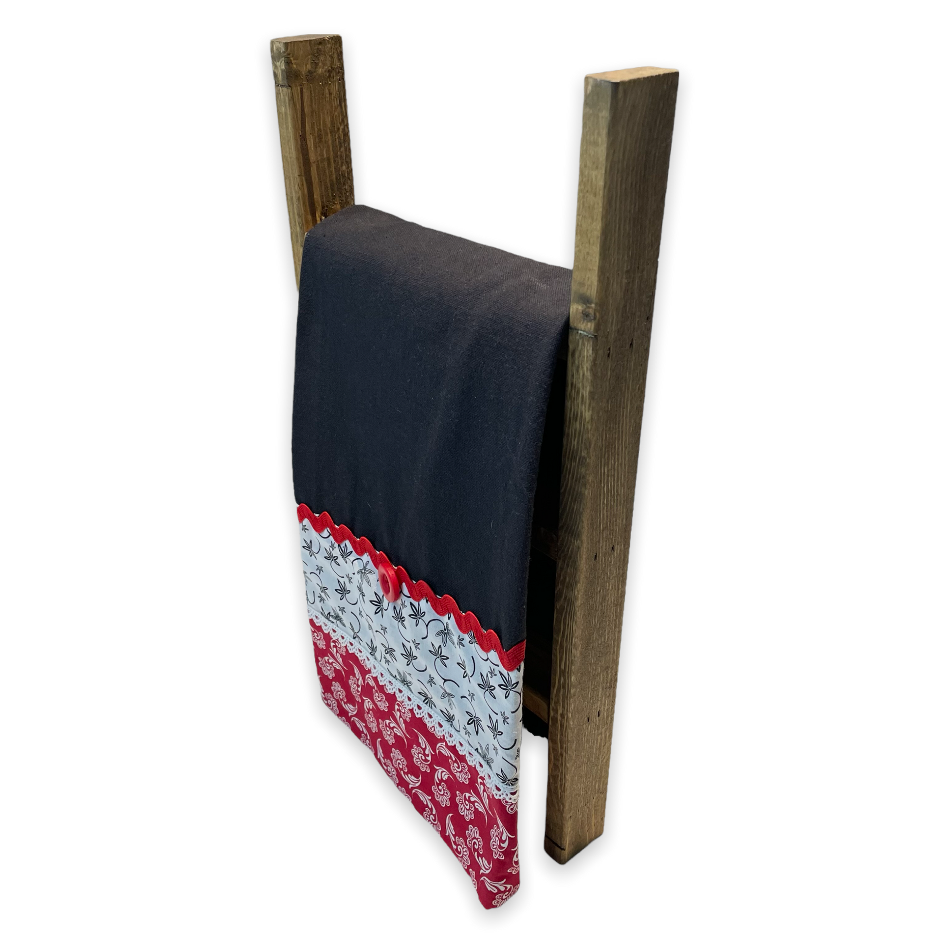 Farmhouse dish towel. Black cotton toweling with quilting cotton accents. Featuring red Ric Rac, white  delicatepolyester lace and button embellishments. Part of a mix and match farmhemian home accents decor line. Browse all the collections online. And be sure to tune into the Home Stitchery Decor YouTube Channel for fabulous fun farmhouse DIY Decor tutorials.