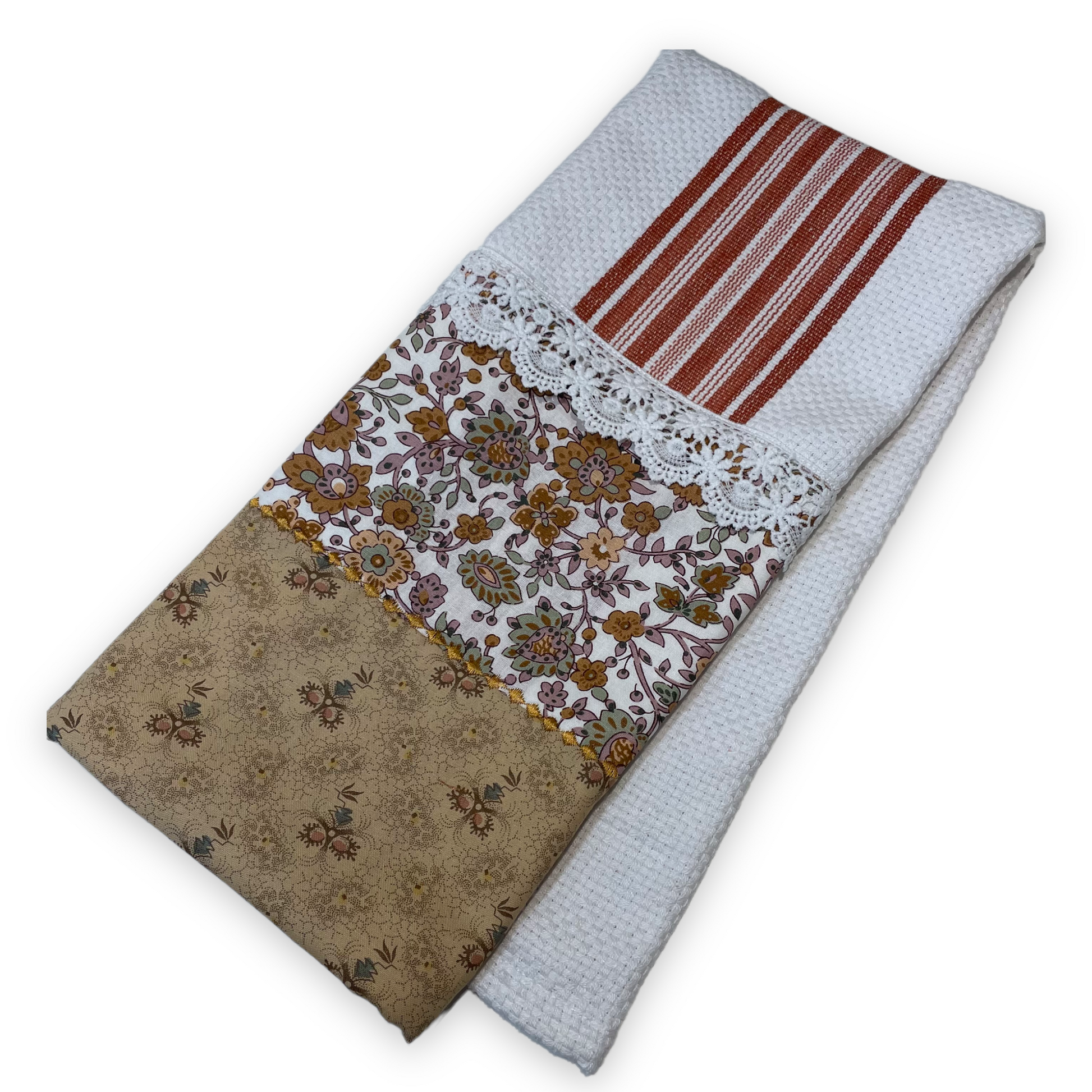 Modern Farmhouse Kitchen Dish Towel. Vintage Designed Tea Towel With Handcrafted Accents - Home Stitchery Decor