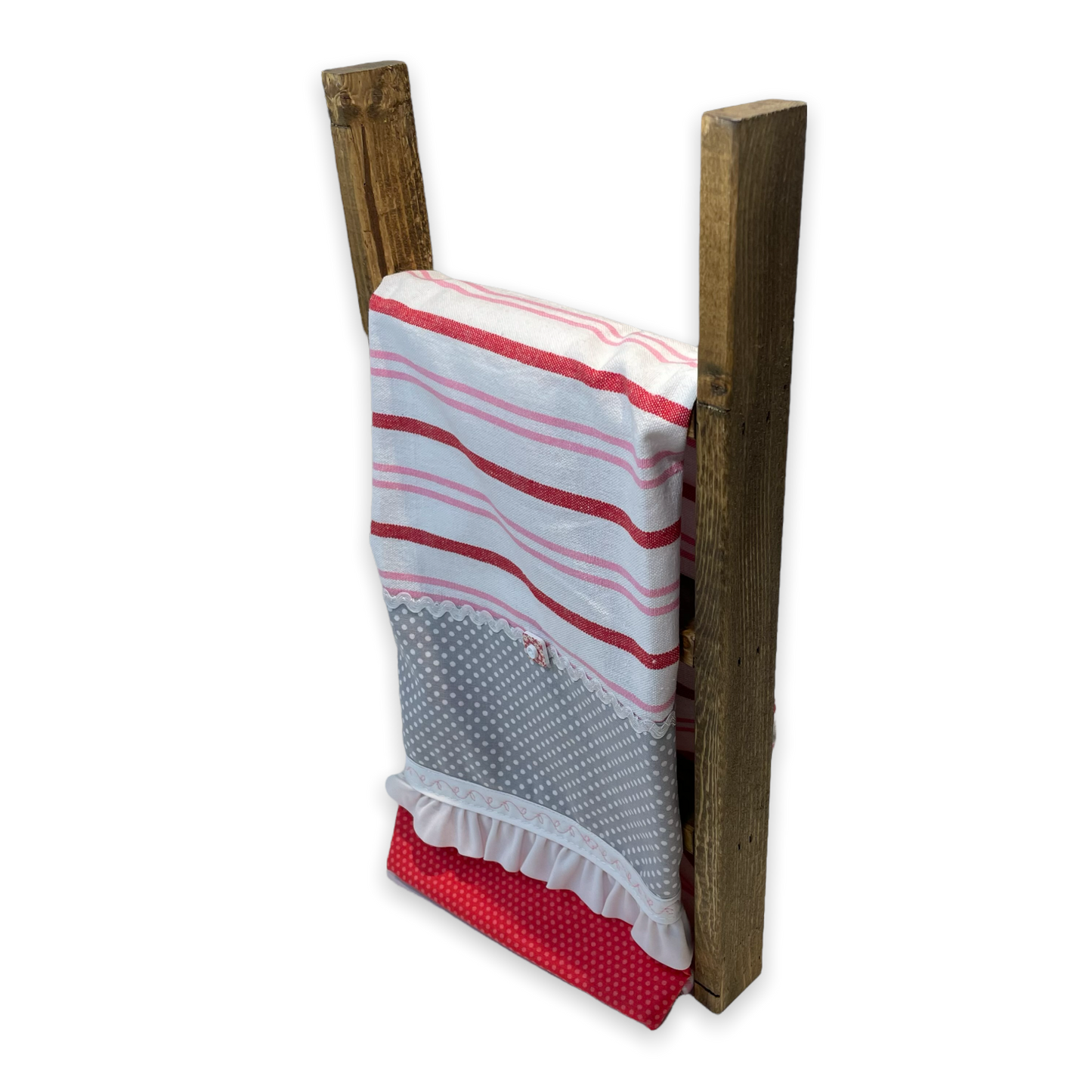 Fun Retro Pink Polka Dot Dish Towel. White, Pink, Red Toweling with polka dot quilting fabric, ric rac, frilled broadcloth and button embellishments. Topped off with some floral embroidery stitching. Part of a coordinated collection of farmhouse fabulous decor. Shop the entire collection. And be sure to follow along on the Home Stitchery Decor YouTube Channel where the farmhouse diy decor fun never stops!