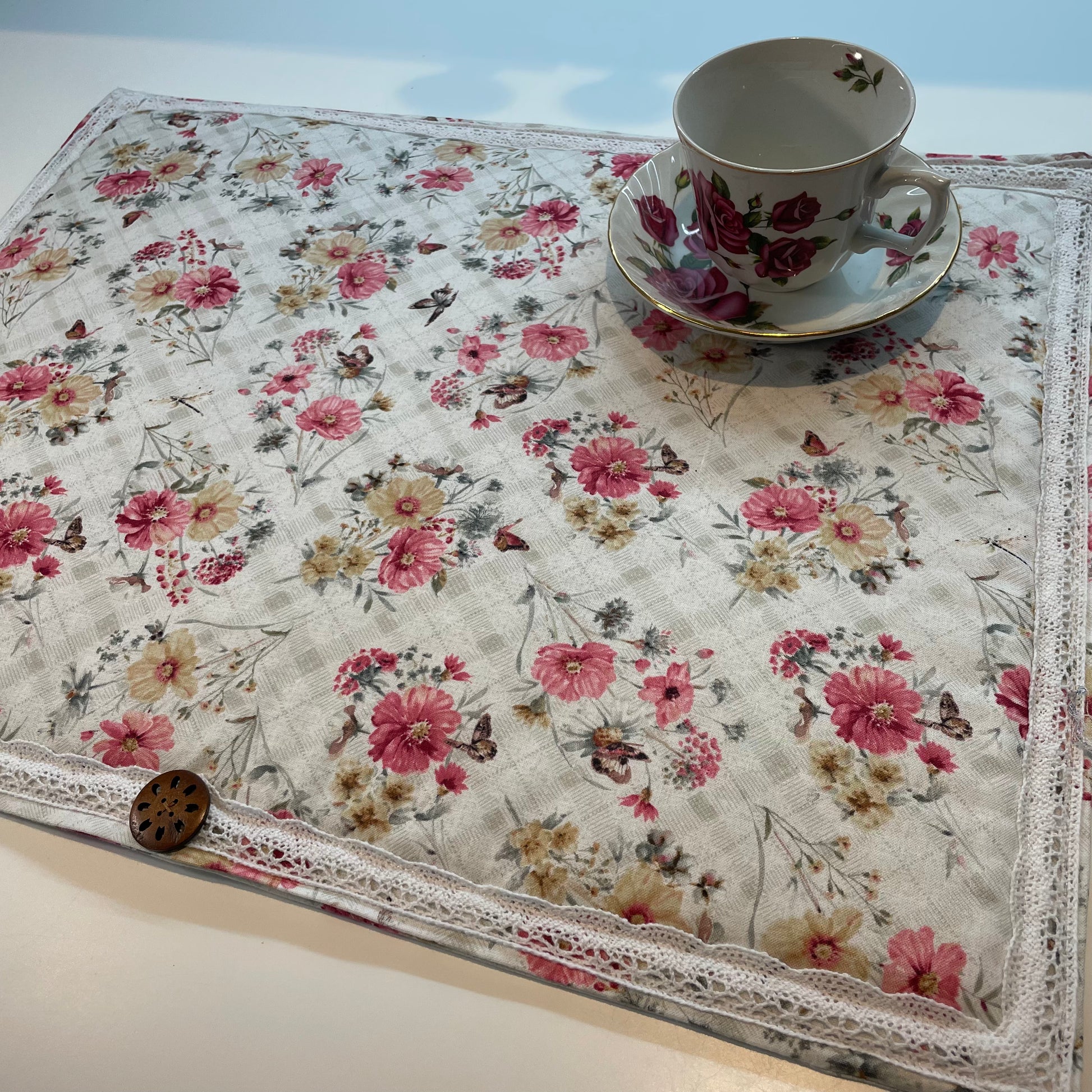 Pink and Cream Floral Kitchen Dish Drying Mat | County Kitchen Dish Mat - Home Stitchery Decor