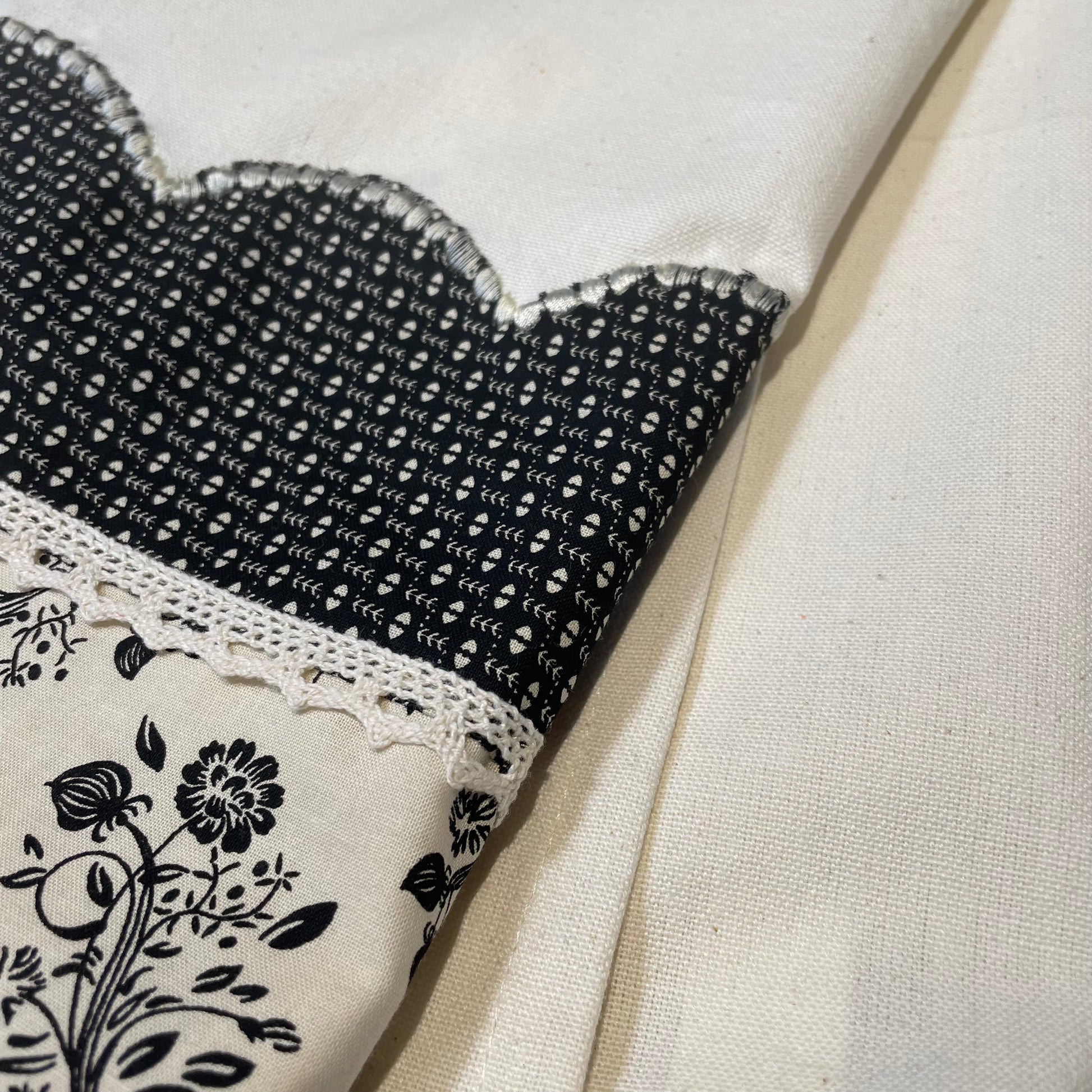 Cream Cotton Modern Farmhouse Dish Towel. Black Floral Tea Towel. - Home Stitchery Decor