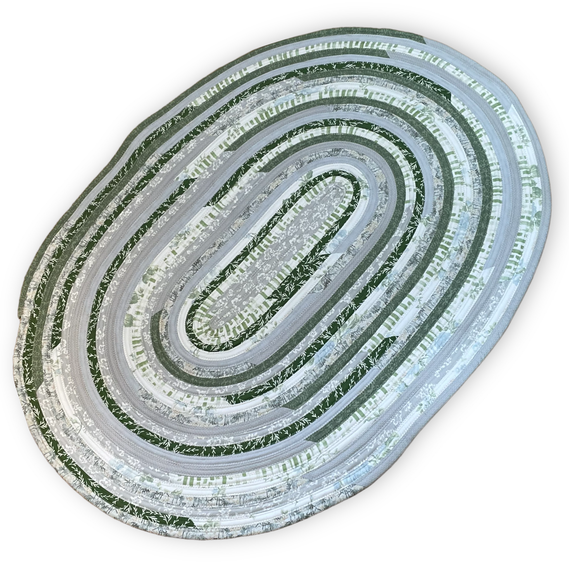 Green and grey cotton kitchen, bedside or bathmat accent rug.  Washable and handcrafted exclusively by Home Stitchery Decor.  Part of a mix and match collection. Features high quality quilting cotton exterior and Pellon Batting fill.  One of a kind.