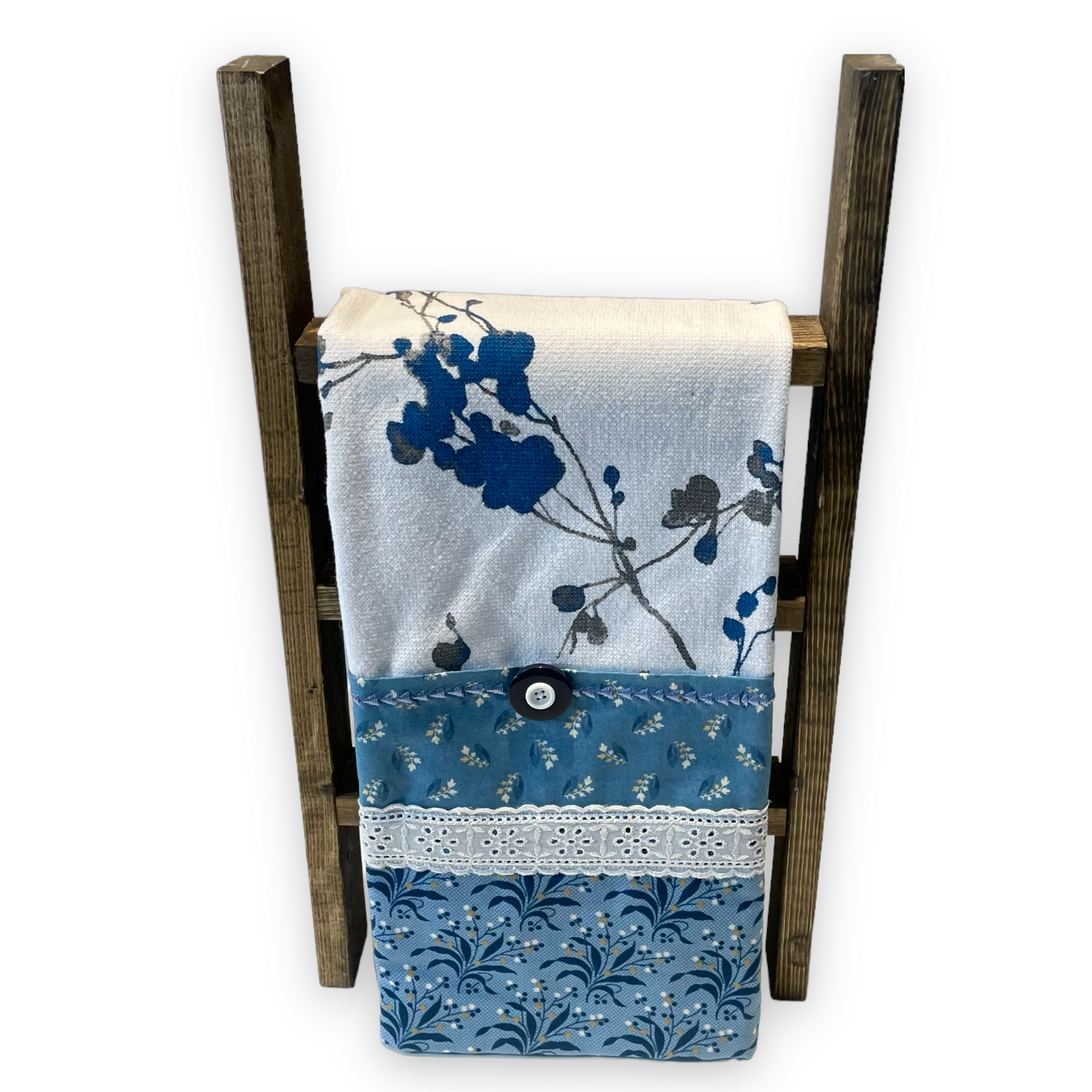 Blue and White Handmade Modern Farmhouse Tea Towel. Part of a mix and match collection of coordinating farmhouse home decor. Check it out at Home Stitchery Decor and be sure to check out the Home Stitchery Decor YouTube Channel