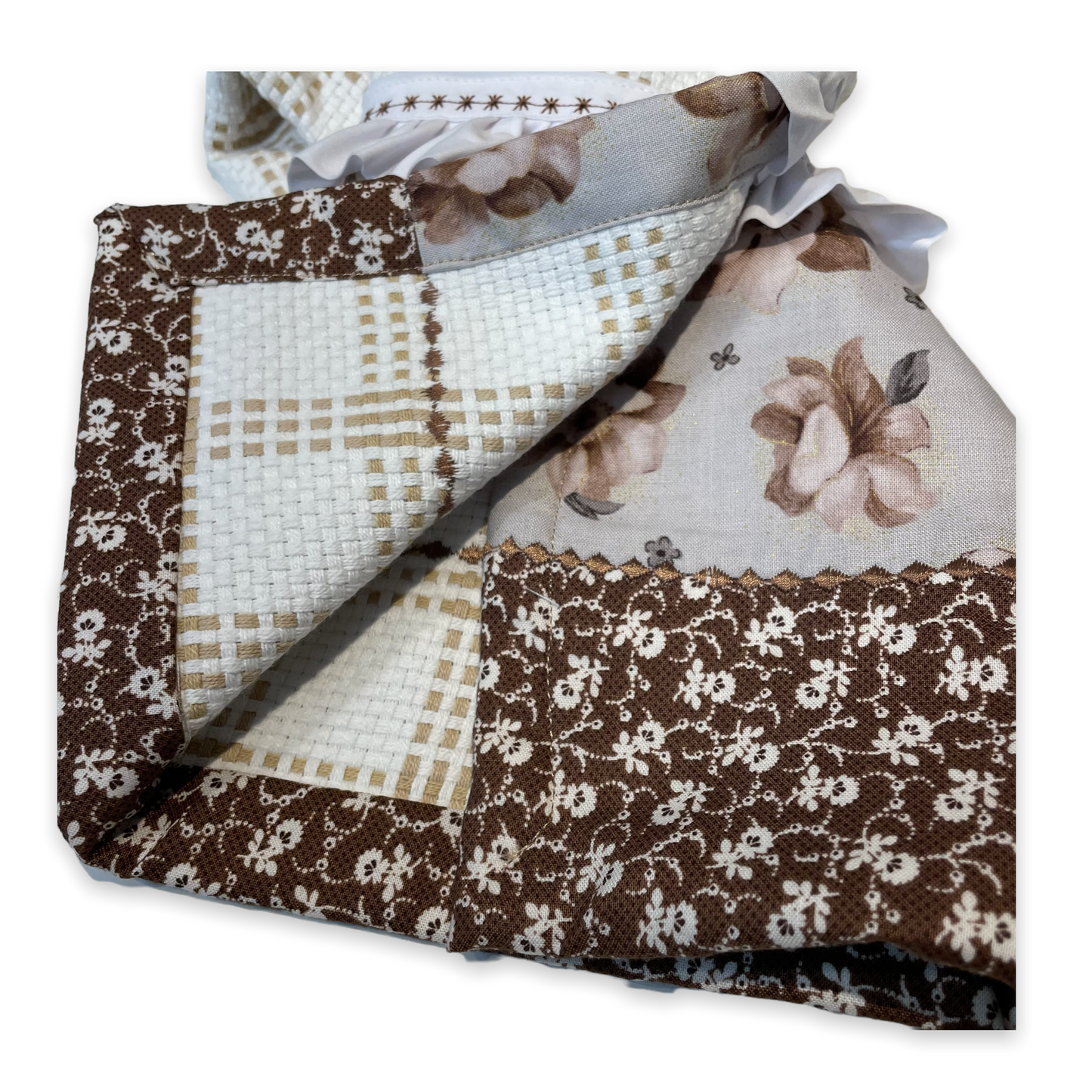 Brown and White Floral Farmhouse Tea Towel - Home Stitchery Decor