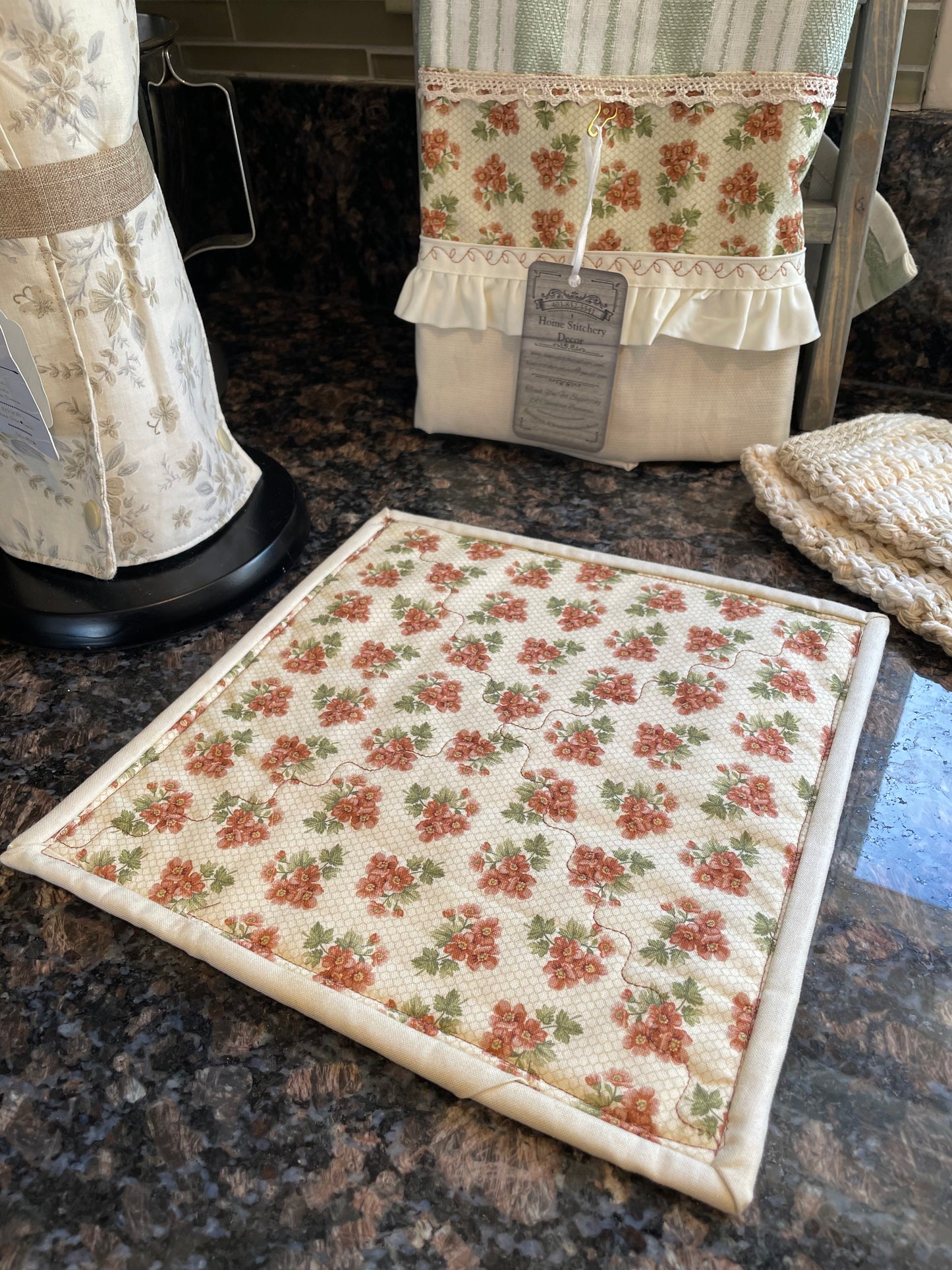 Modern Farmhouse Styled Pot Holder. Part of a mix and match collection of farmhouse kitchen decor. Browse the collections and follow along on the Home Stitchery Decor YouTube Channel