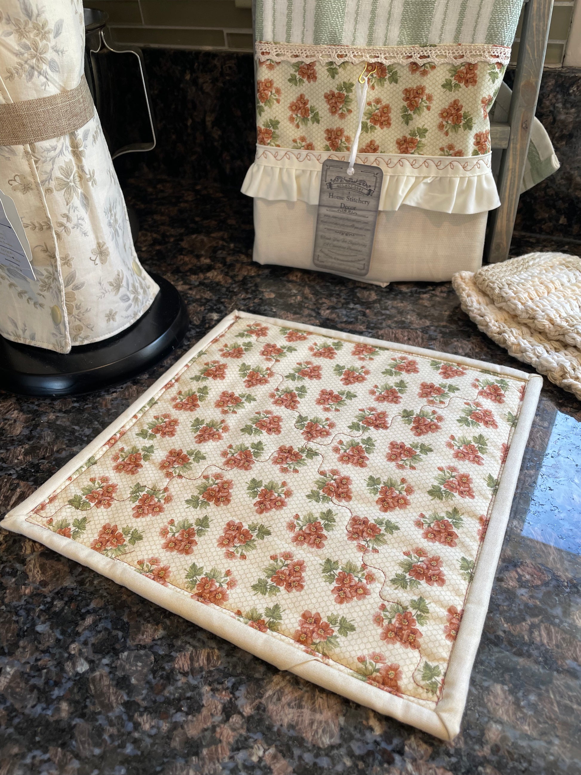 Modern Farmhouse Styled Pot Holder. Part of a mix and match collection of farmhouse kitchen decor. Browse the collections and follow along on the Home Stitchery Decor YouTube Channel