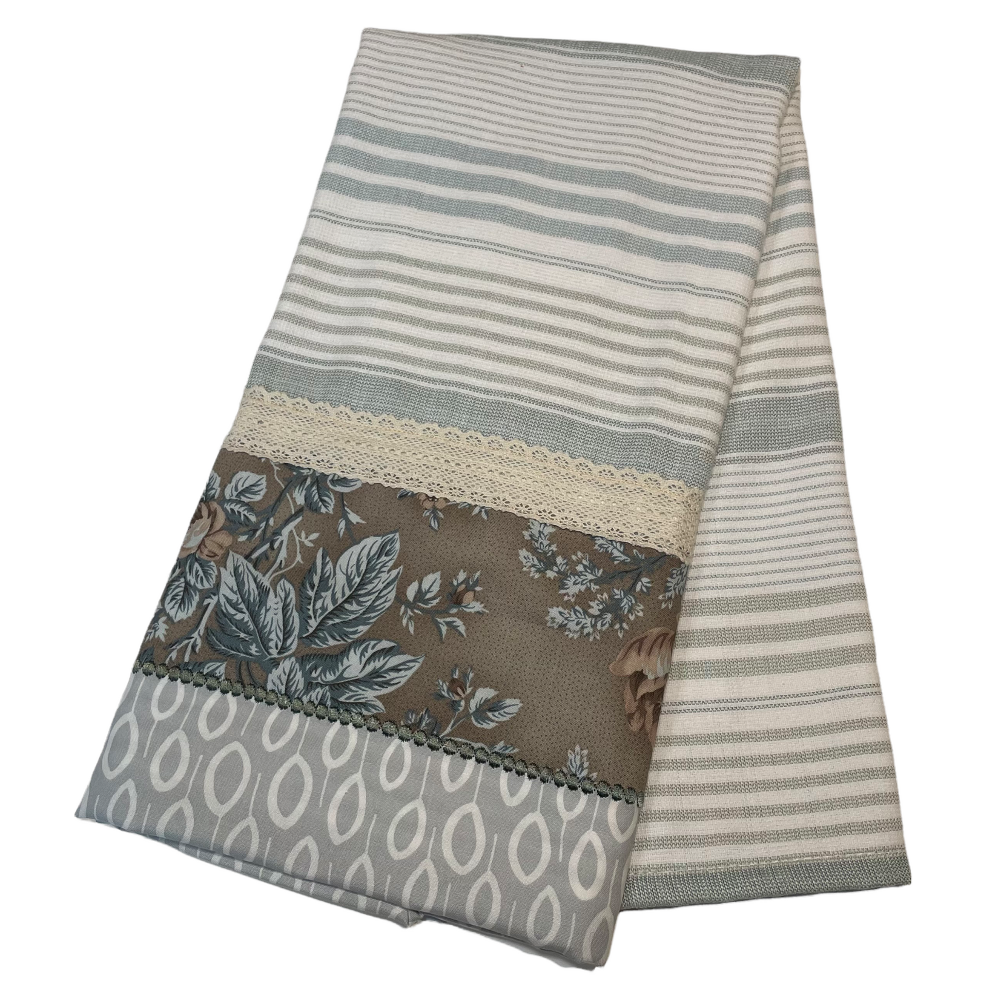 Farmhouse style dish towel. Farmhemian decor made easy with mix and match collections by Home Stitchery Decor. Grey french floral towel with cream cotton lace trim and embroidery stitching. Shop the entire collection or follow along on the Home Stitchery Decor YouTube Channel.