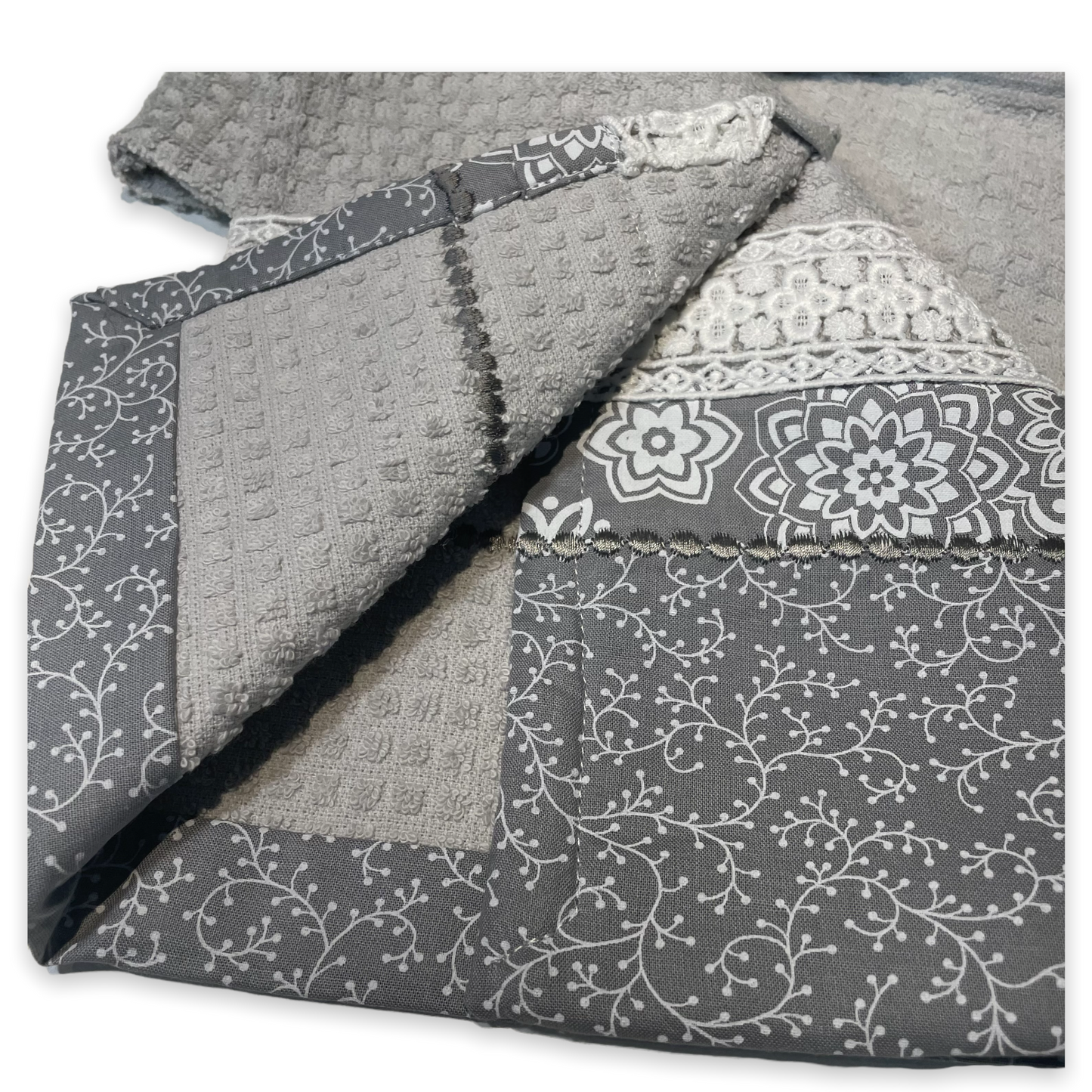 Grey Farmhouse Floral Tea Towel. Decorative Dish Towel - Home Stitchery Decor