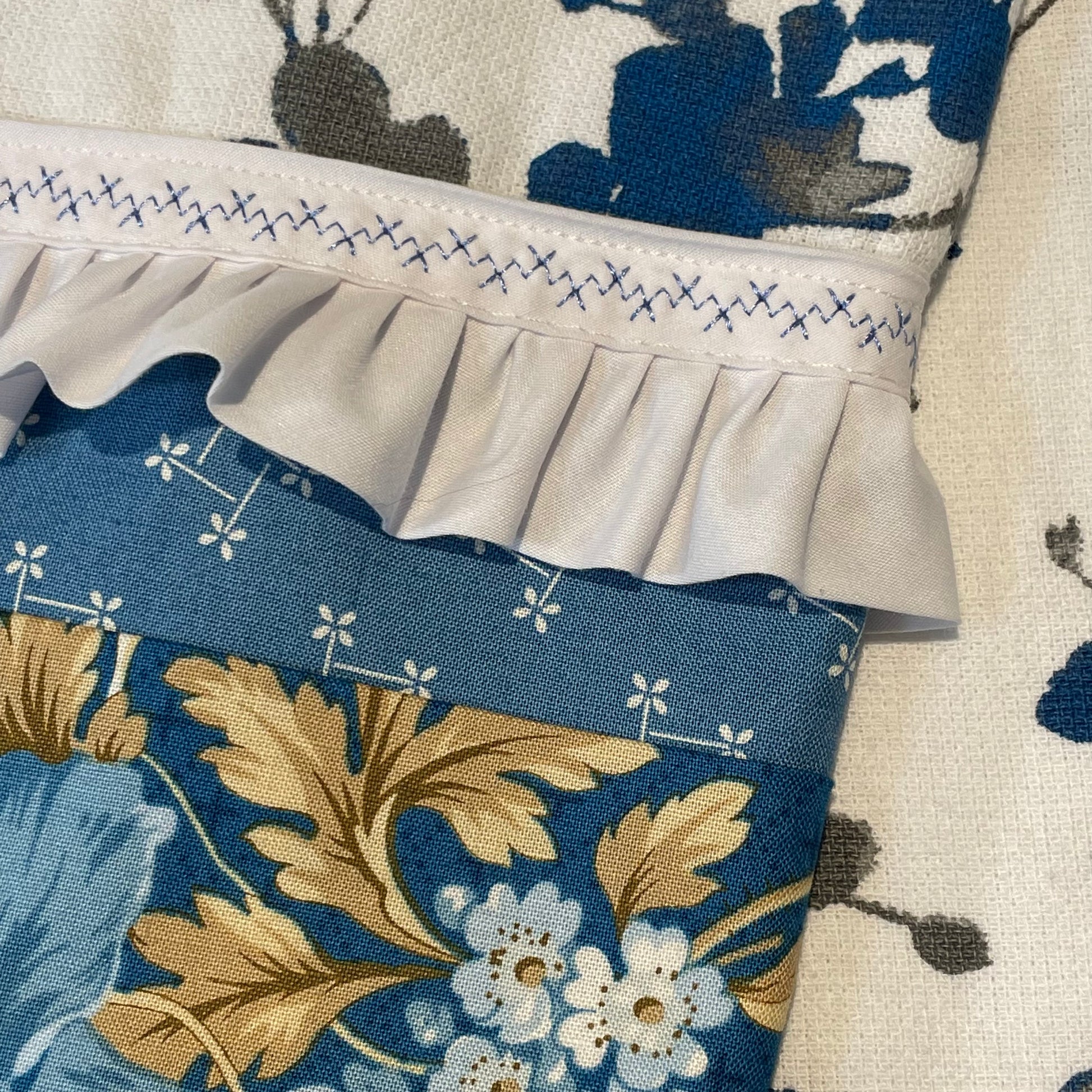 Blue and White Handmade Modern Farmhouse Tea Towel. Part of a mix and match collection of coordinating farmhouse home decor. Check it out at Home Stitchery Decor and be sure to check out the Home Stitchery Decor YouTube Channel