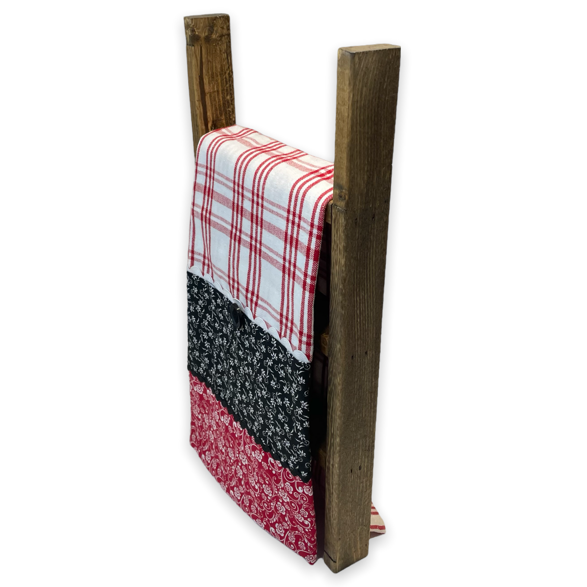 Country Style Dish Towel in Red and White check toweling with black and red quilting cotton. Featuring Black Ric Rac and button embellishments. Part of a mix and match line of farmhouse fabulous decor. Browse the entire collection. Then check out the Home Stitchery Decor YouTube Channel