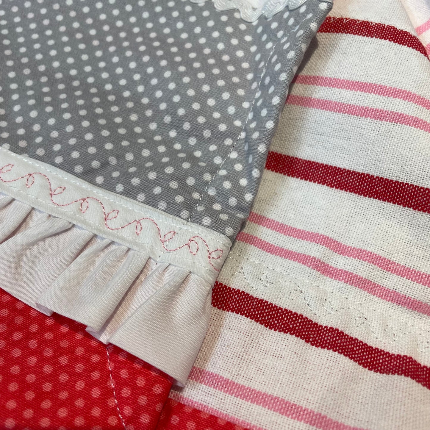 Cute red, white and pink towel with handcrafted quilting cotton accents. Featuring red Ric Rac, white Ric Rac and and heart shaped button. Part of a mix and match collection of coordinated kitchen and bath decor. Browse your favorites and be sure to follow along on the Home Stitchery Decor YouTube Channel