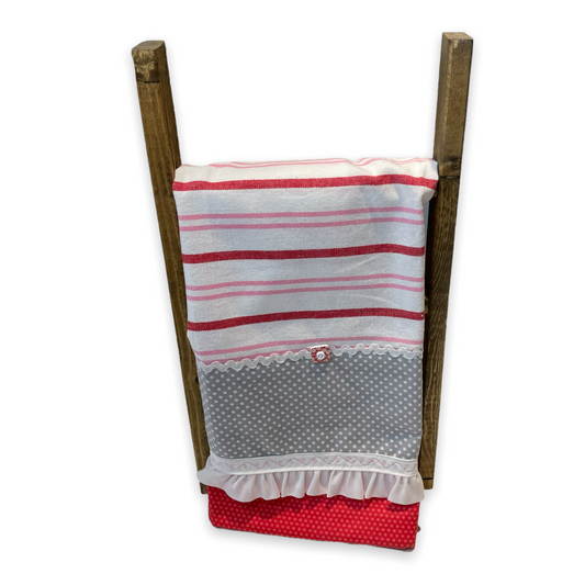 Fun Retro Pink Polka Dot Dish Towel. White, Pink, Red  Toweling with polka dot quilting fabric, ric rac, frilled broadcloth and button embellishments. Topped off with some floral embroidery stitching. Part of a coordinated collection of farmhouse fabulous decor. Shop the entire collection. And be sure to follow along on the Home Stitchery Decor YouTube Channel where the farmhouse diy decor fun never stops!