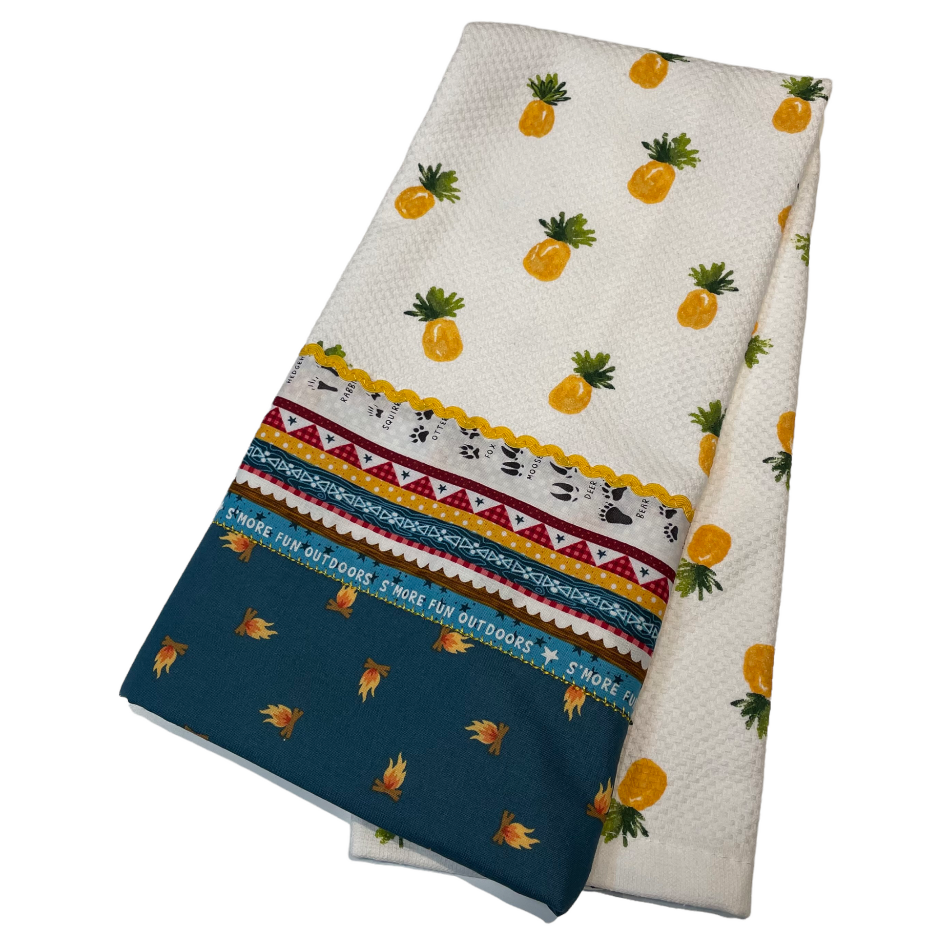 Pineapple Themed Camping Dish Towel. Dress up your home away from home with coordinated glamping decor. Cute Yellow and teal accented dish towel. Part of a mix and match collection. Shop your favorites online or follow along on the Home Stitchery Decor YouTube Channel.