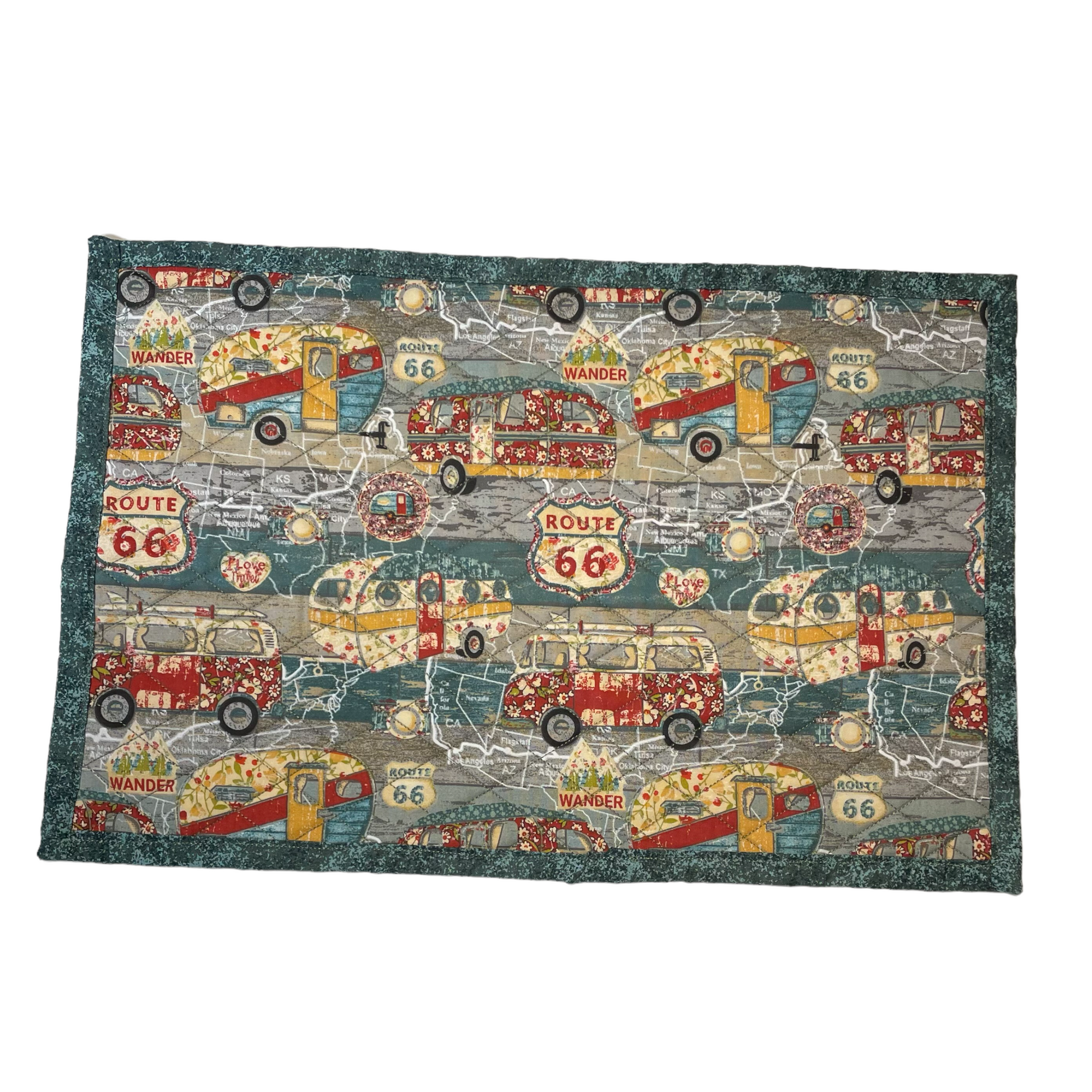 Cute Camping Placemats, Quilted Route 66 Placemats, Set of 2 - Home Stitchery Decor