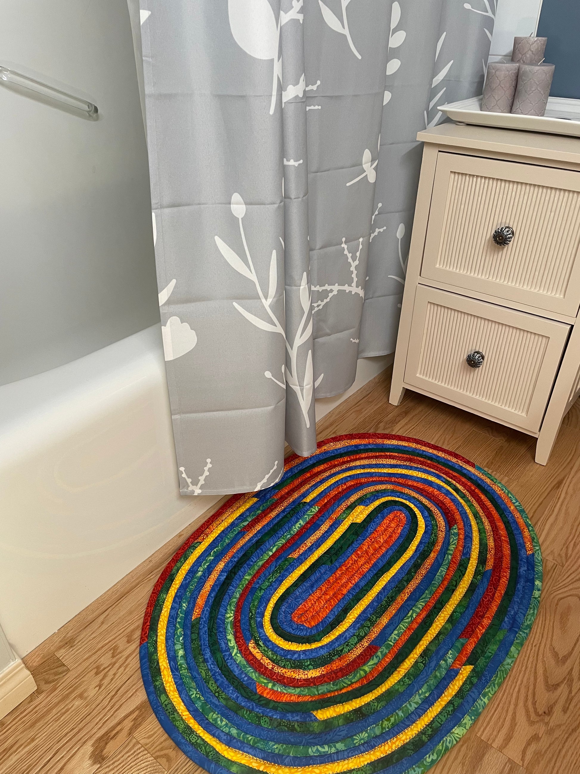 Vibrant Batiks Modern Farmhouse Jellyroll Rug. Washable Kitchen or Bathroom Accent Rug. Handmade in Canada - Home Stitchery Decor