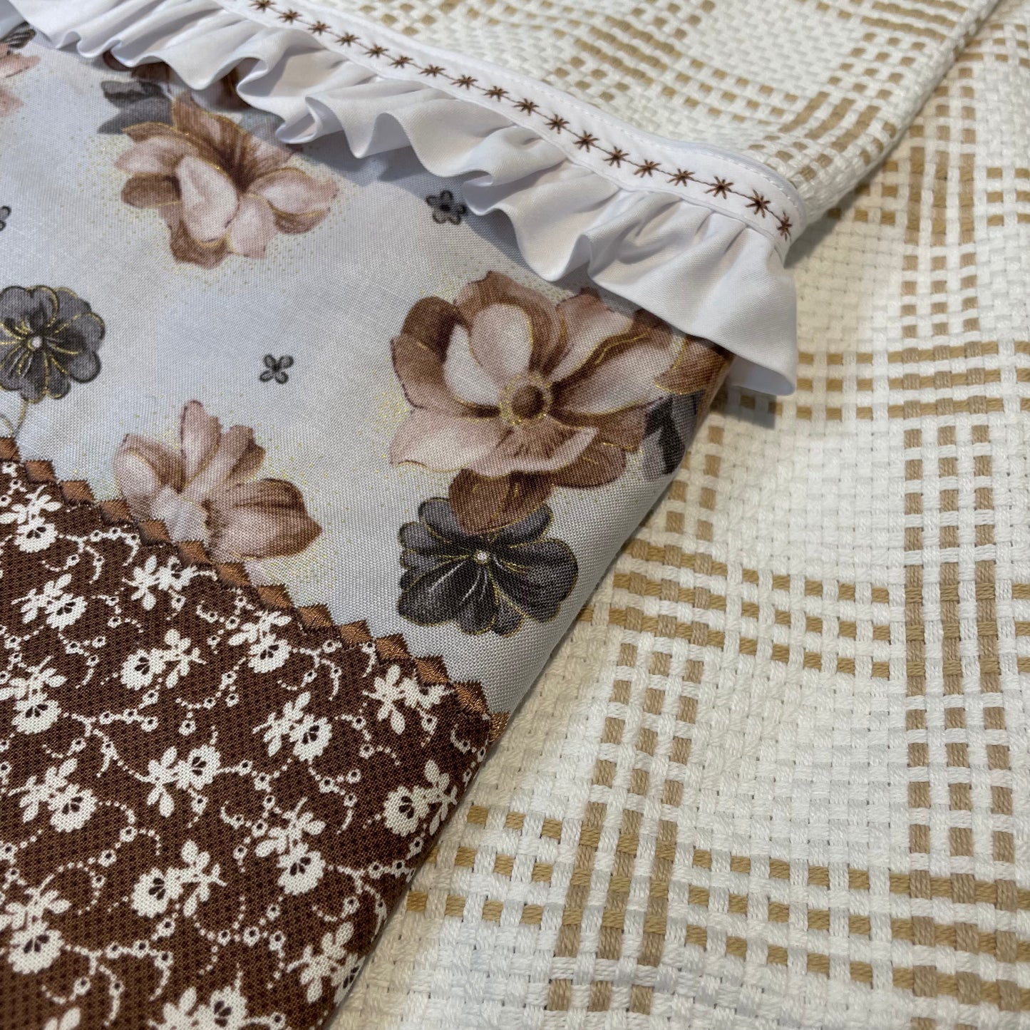 Brown and White Floral Farmhouse Tea Towel - Home Stitchery Decor