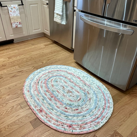 Pretty Pink and Green Pastel Rug | Handmade Washable Cotton Shabby Chic Accent Rug - Home Stitchery Decor