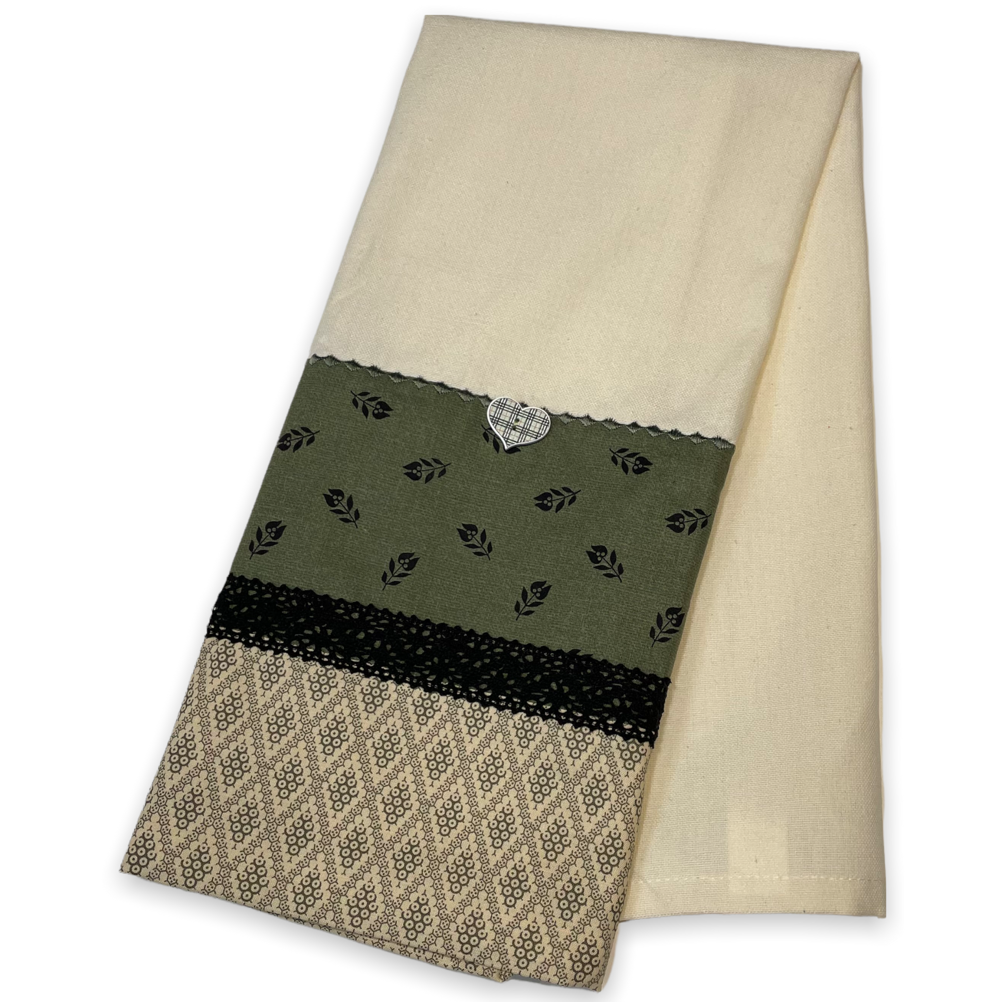 Vintage styled farmhouse dish towel. Cream cotton towel with green quilting cotton accents. Featuring black cotton lace trim, a gingham button and embroidery stitching. Part of a mix and match collection, browse your favorites! Then check out the Home Stitchery Decor YouTube Channel for more fabulous Farmhouse Fun DIY