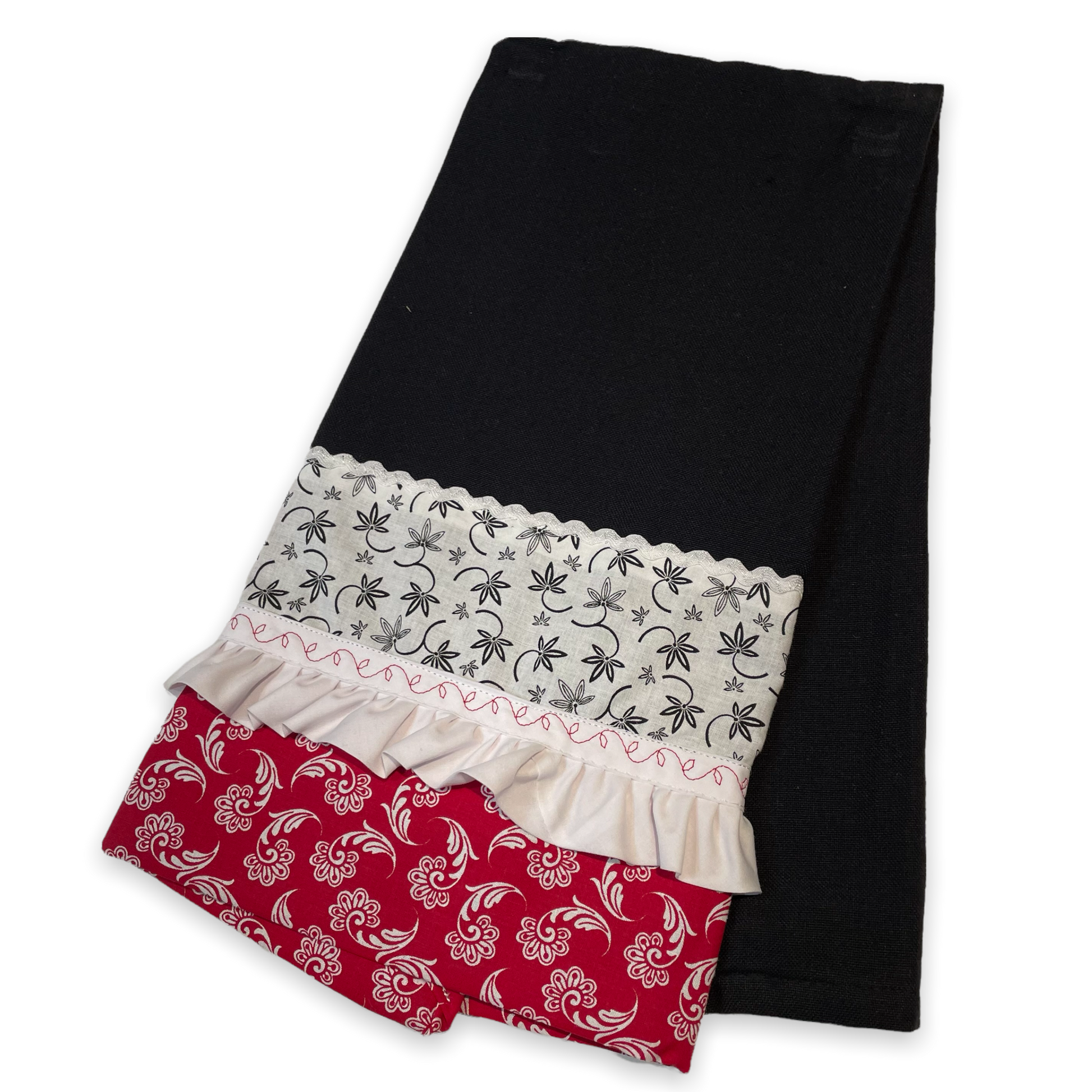 Farmhouse Kitchen Dish Towel featuring black toweling and quilt cotton accents. Embellished with white Ric Rac and Frilled Broadcloth with red embroidery stitching. Part of a collection of mix and match farmhemian styled home decor. Browse the entire collections online. Then head on over to the Home Stitchery Decor YouTube Channel for more Farmhouse DIY Decor fun!