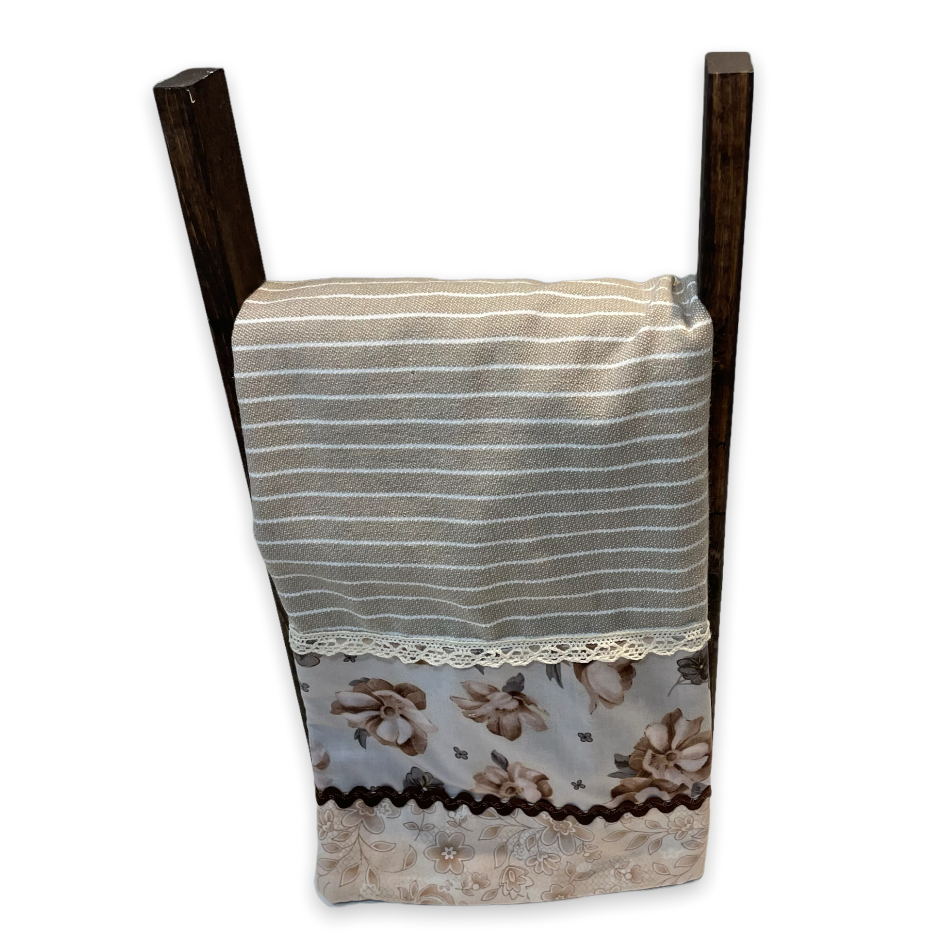 Cute Modern Farmhouse Dish Towel with Handcrafted Accents. Brown and Cream Tea Towel - Home Stitchery Decor