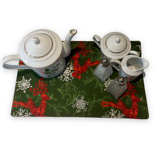 Reversible Christmas Table Centerpiece, Red and Green Reindeer Christmas Table Centerpiece. Part of a Mix and Match Collection of Handmade Christmas Gifts.  Shop the entire collection at Home Stitchery Decor