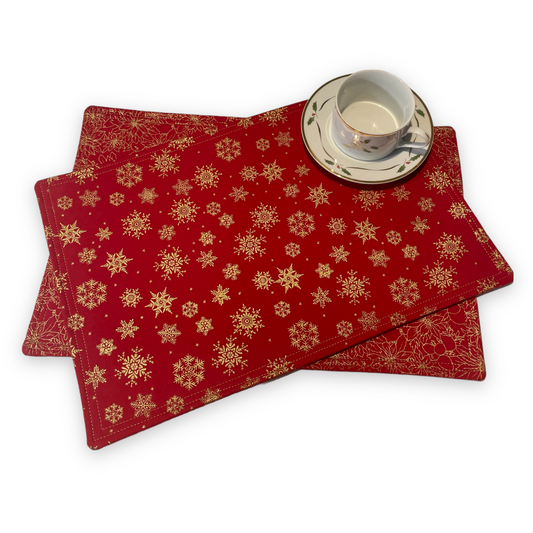 Set of Two Christmas Table Placemats, Red Snowflake and Poinsettia Christmas Table Placemats - Home Stitchery Decor