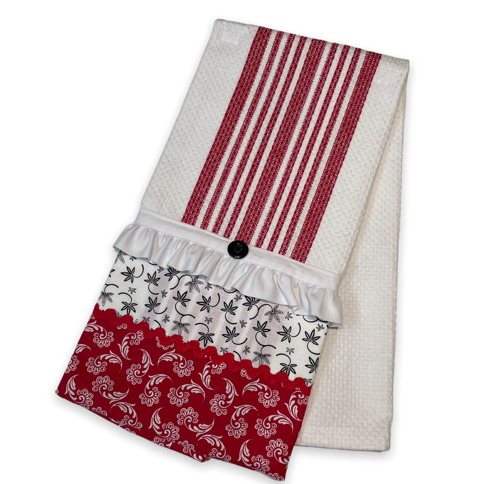 Red and white country style dish towel. Featuring red and white checked toweling; red white and black quilt cotton accents and white cotton lace trim and a double button embellishment. Part of a mix and match collection of coordinated farmhouse fabulous decor. Browse the collections and be sure to check out the Home Stitchery Decor YouTube Channel.