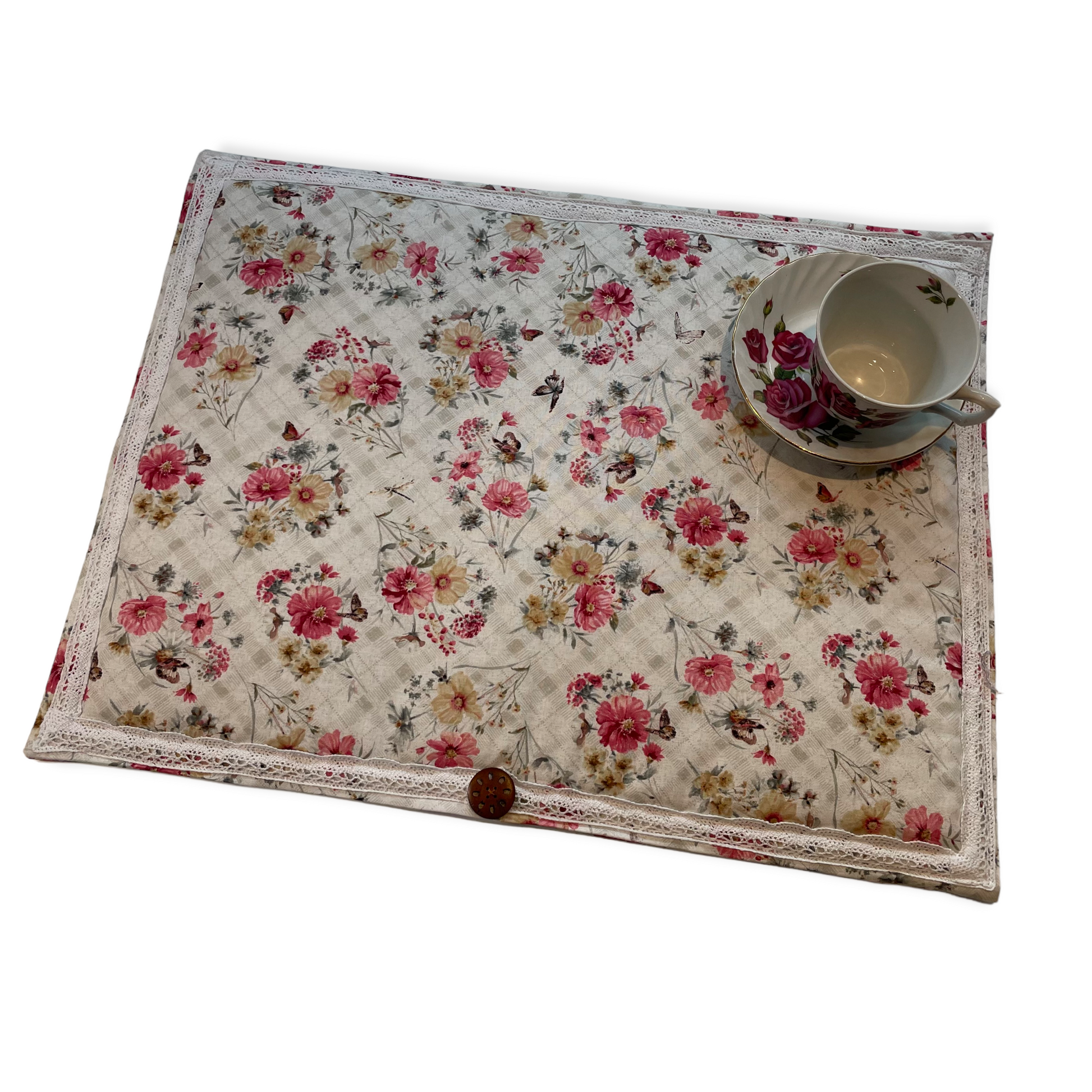 Pink and Cream Floral Kitchen Dish Drying Mat | County Kitchen Dish Mat - Home Stitchery Decor
