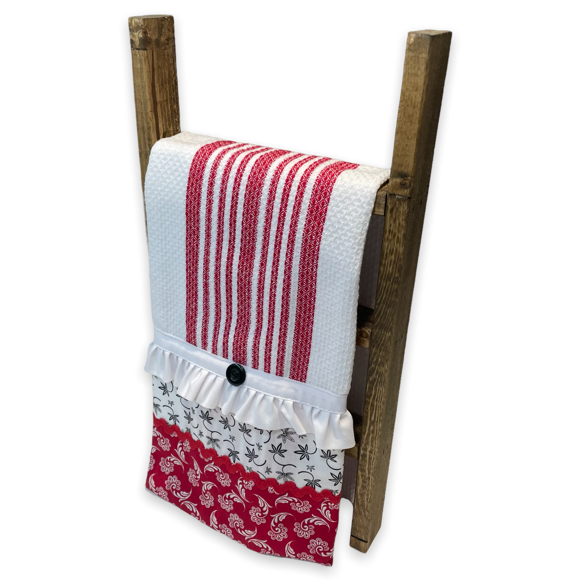 Red and white country style dish towel. Featuring red and white checked toweling; red white and black quilt cotton accents and white cotton lace trim and a double button embellishment. Part of a mix and match collection of coordinated farmhouse fabulous decor. Browse the collections and be sure to check out the Home Stitchery Decor YouTube Channel.