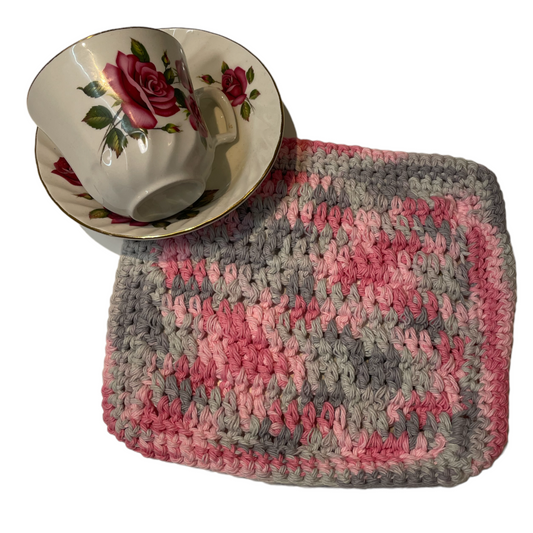 Pink and Grey Crocheted Cotton Kitchen Dish Cloth | Handmade Crocheted Kitchen Cloth - Home Stitchery Decor