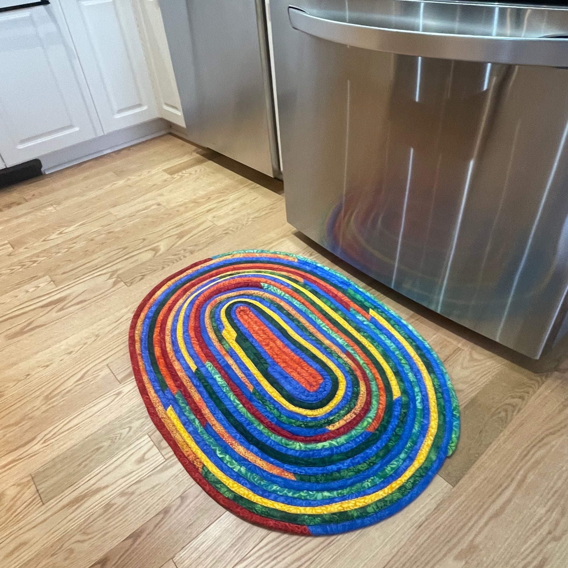 Vibrant Batiks Modern Farmhouse Jellyroll Rug. Washable Kitchen or Bathroom Accent Rug. Handmade in Canada - Home Stitchery Decor