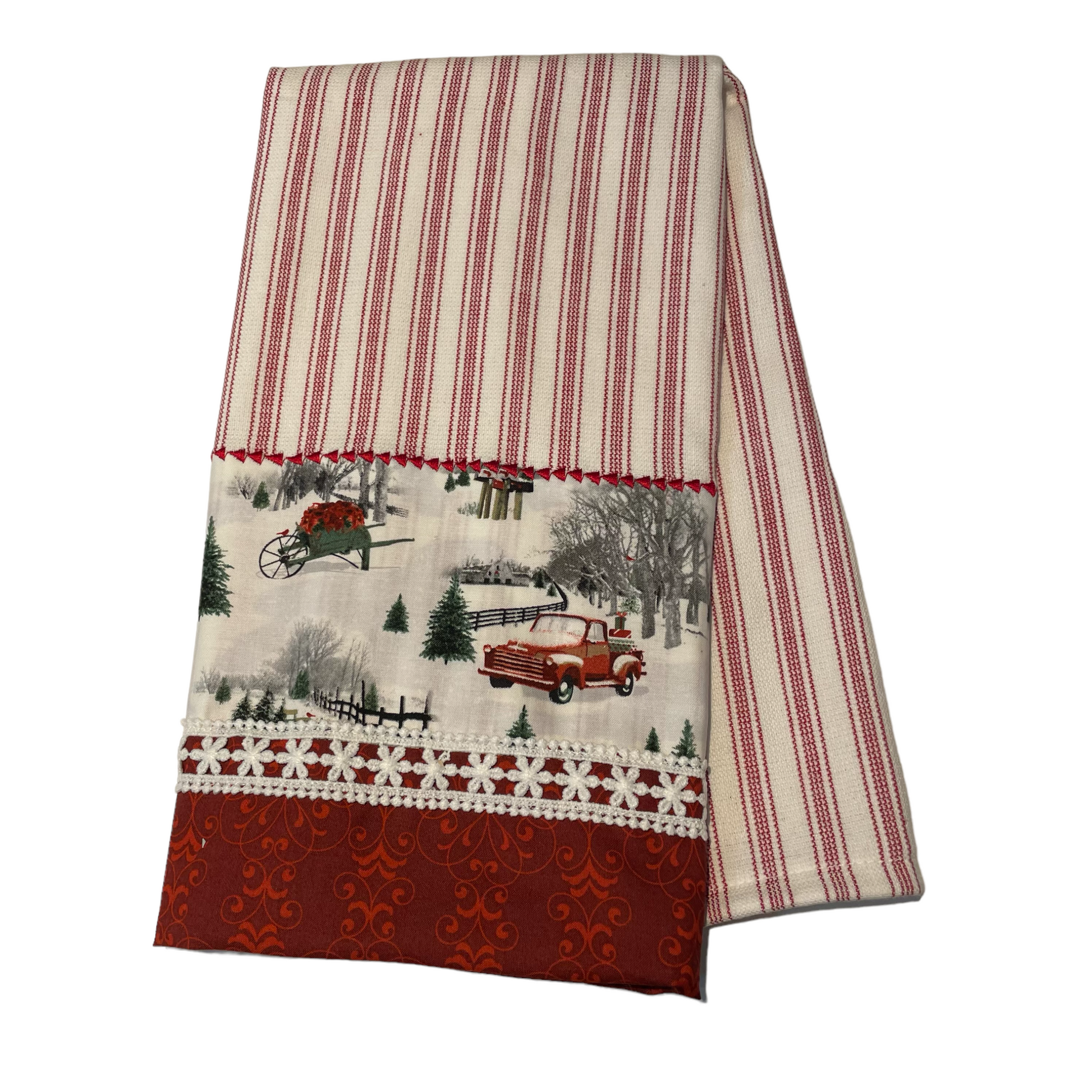 Christmas Tea Towel, Retro Red Truck Christmas Dish Towel - Home Stitchery Decor