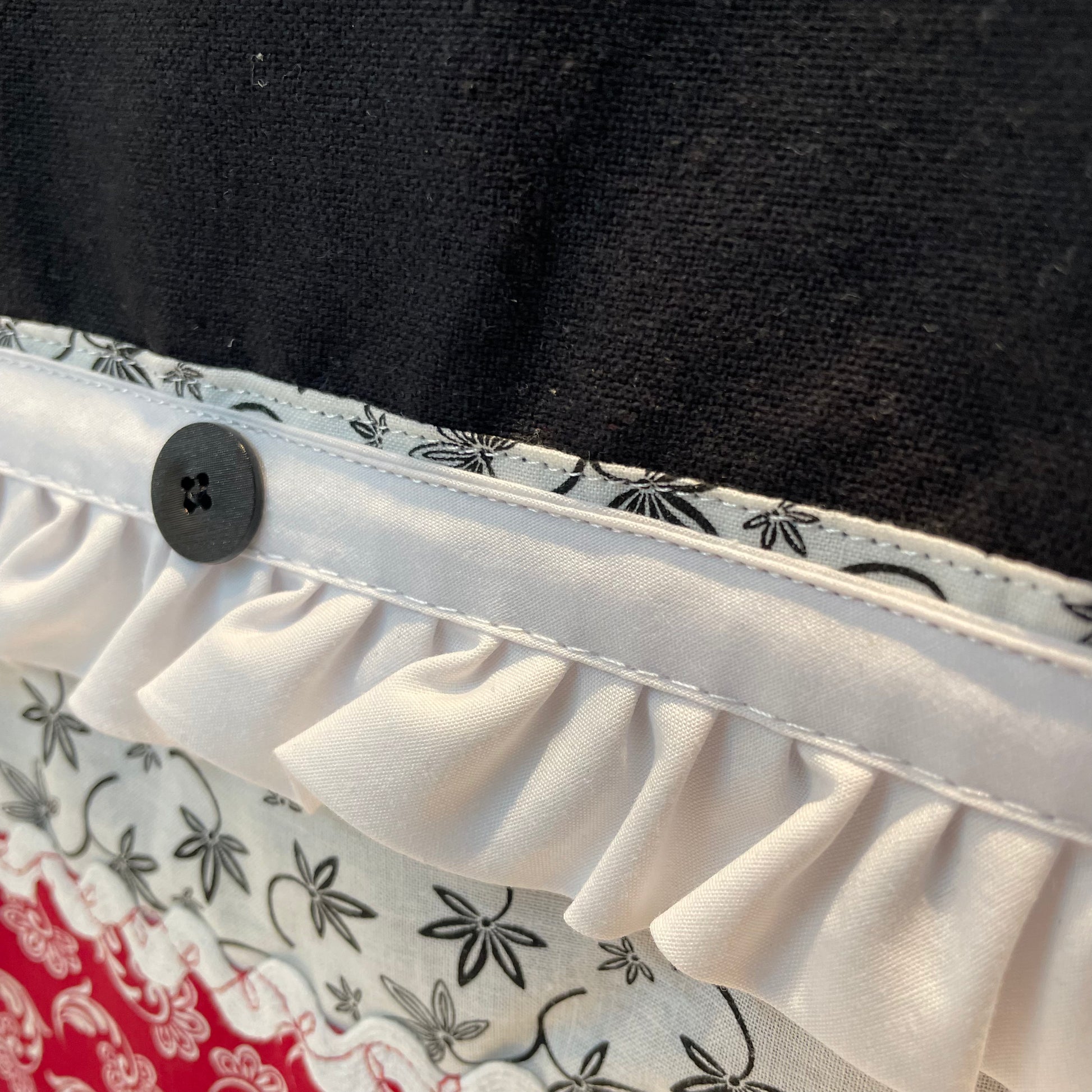 Modern Farmhouse Dish Towel. Black cotton toweling with red white and black quilting cotton accents. Featuring frilled broadcloth, Ric Rac, embroidery stitching and a button. Part of a mix and match collection of handcrafted modern farmhouse decor. Browse your favorites and follow along on the Home Stitchery Decor YouTube Channel.