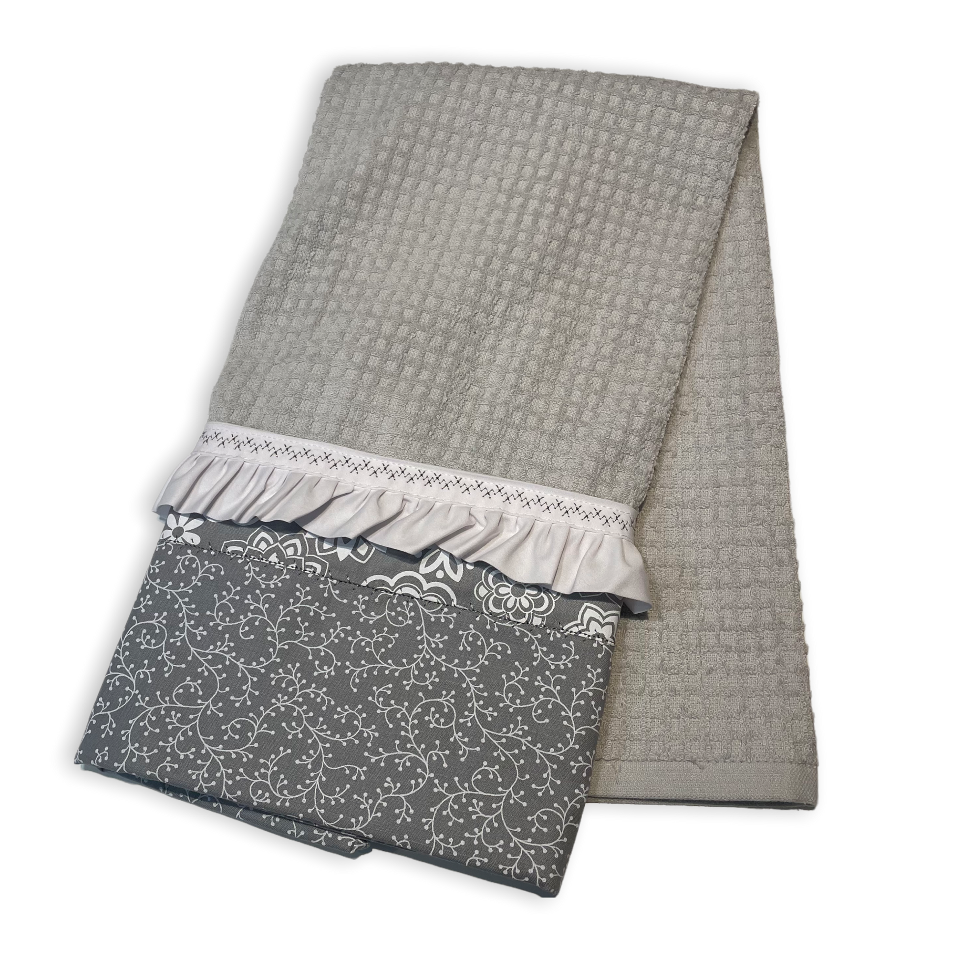 Grey and White Modern Farmhouse Floral Tea Towel. Decorative Dish Towel With Handcrafted Accents - Home Stitchery Decor