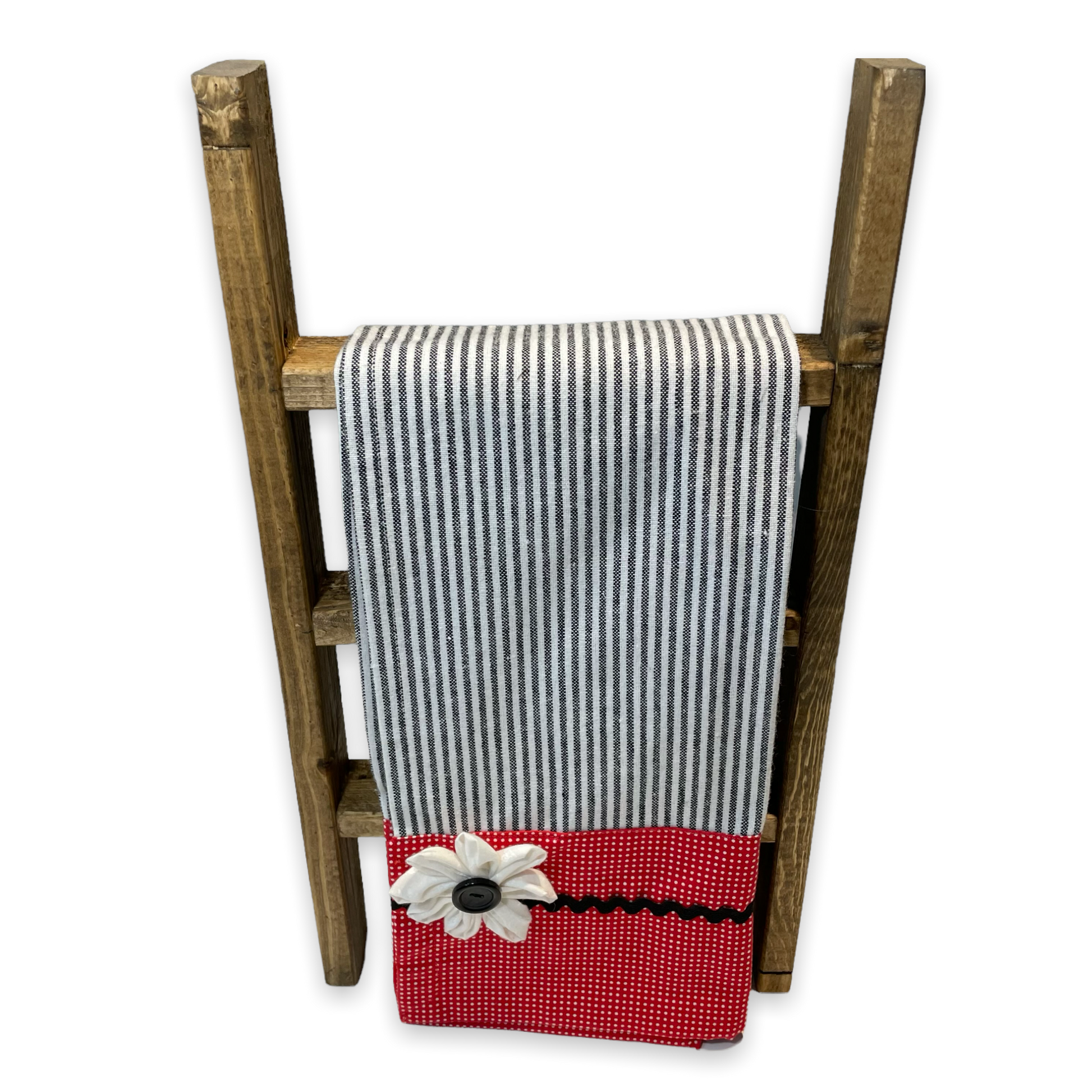 Red, white and black dish towel. With ric rac and hand stitched flower with button center. Farmhouse styled dish towels. This is a mix and match collection. Head over to the website to find all your favorite farmhouse fabulous decor for your entire home. Be sure to follow along on the Home Stitchery Decor YouTube Channel for more farmhouse fun!