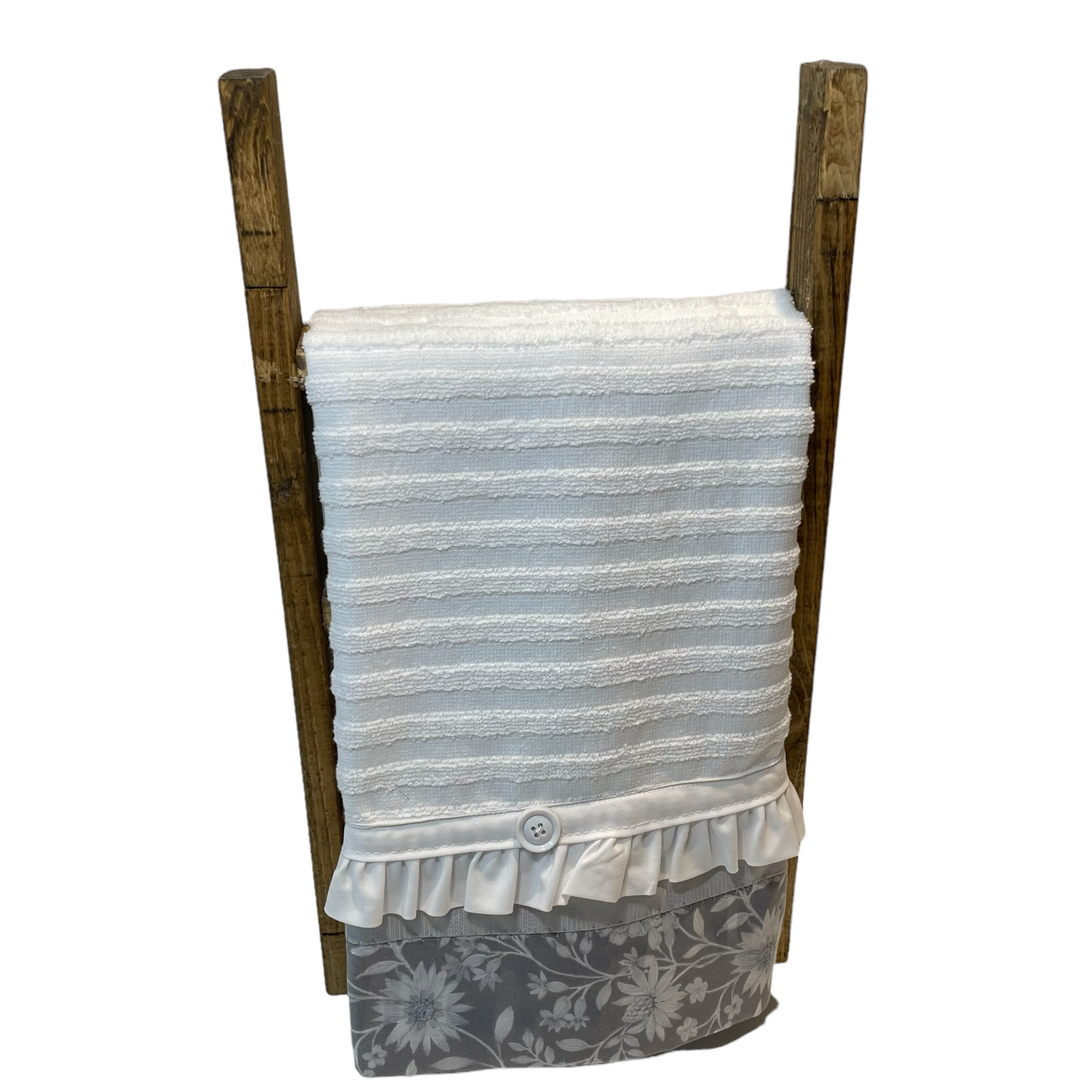 Farmhouse style kitchen towels. White toweling with grey and white flower accents. Featuring ruffled trim and a button. Part of a collection of mix and match decor. Shop the collection. Or follow along on the Home Stitchery Decor YouTube Channel where you can find farmhouse sewing diy tutorials. And don't forget to watch the 3d layered Mandala tutorials.