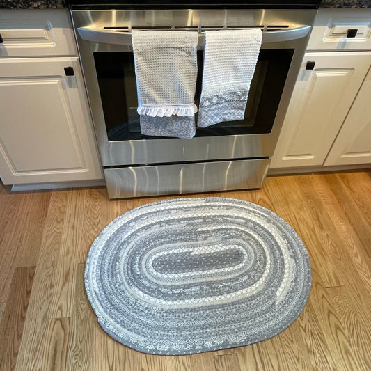 Grey and White Modern Farmhouse Kitchen Accent Rug. Luxury Washable Bathmat - Home Stitchery Decor