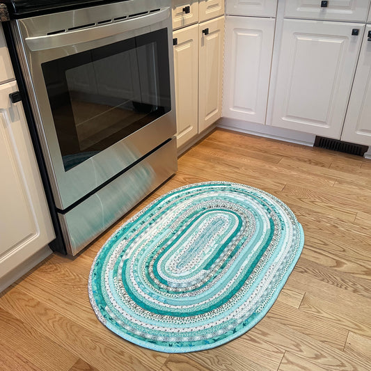 Teal and Black Modern Farmhouse Washable Cotton Rug.  Handmade In Canada - Home Stitchery Decor