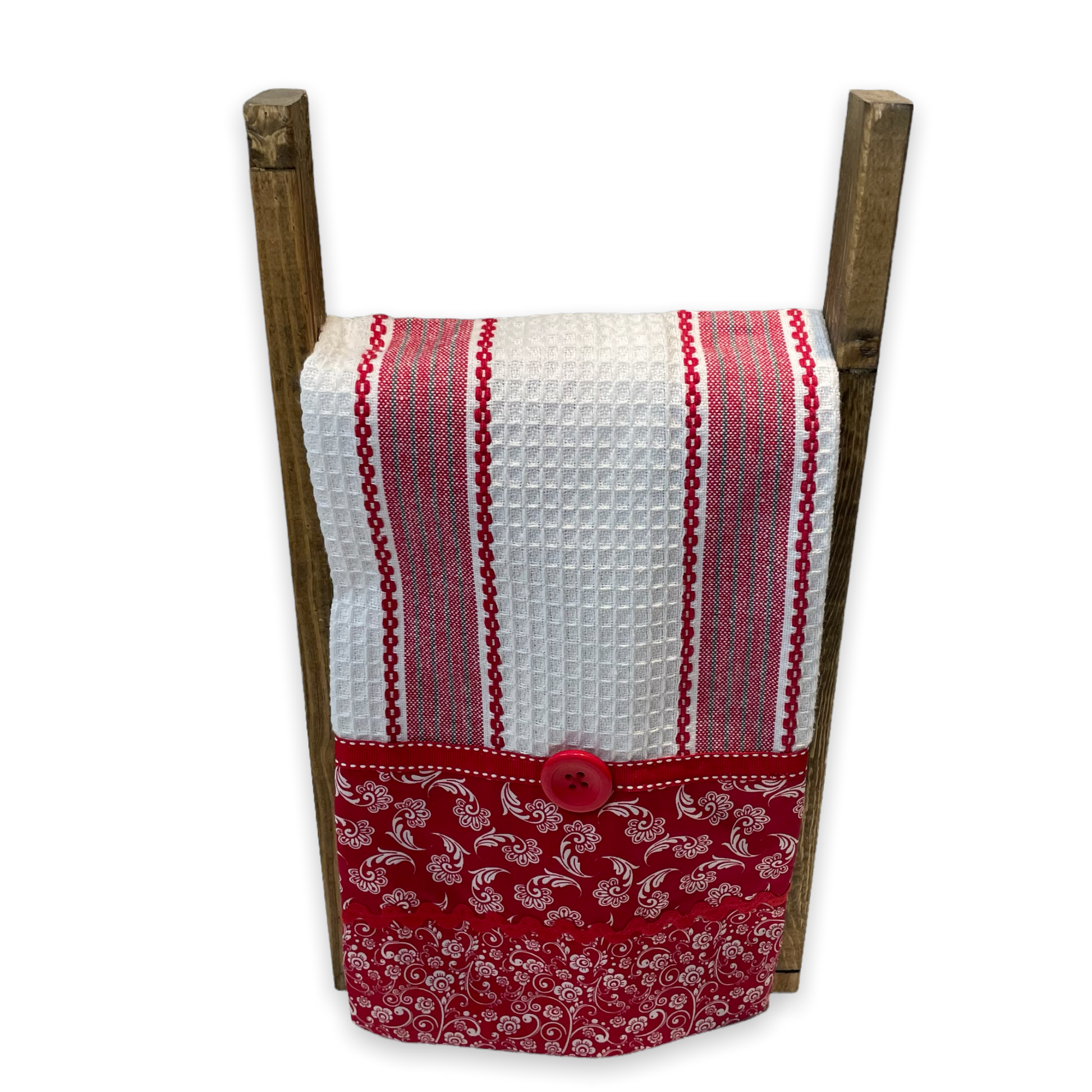 Country Style Red and White Dish Towel. Red and white toweling with quilt cotton, ribbon and button embellishments. Part of a mix and match collection. Browse all the products and follow along on the Home Stitchery Decor YouTube Channel.